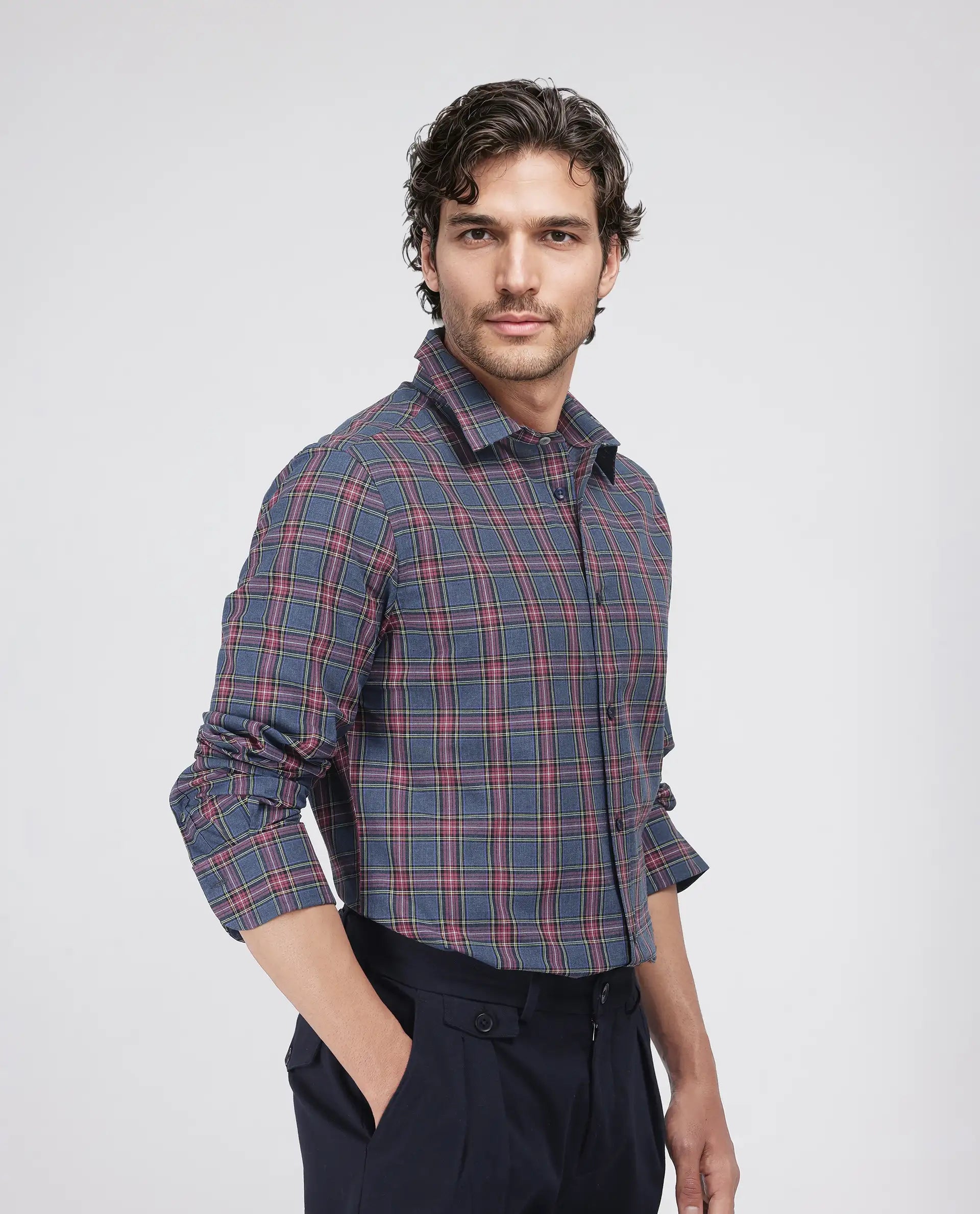 Rare Rabbit Men's Krob Dark Blue Cotton Fabric Full Sleeve Spread Collar Regular Fit Checked Shirt