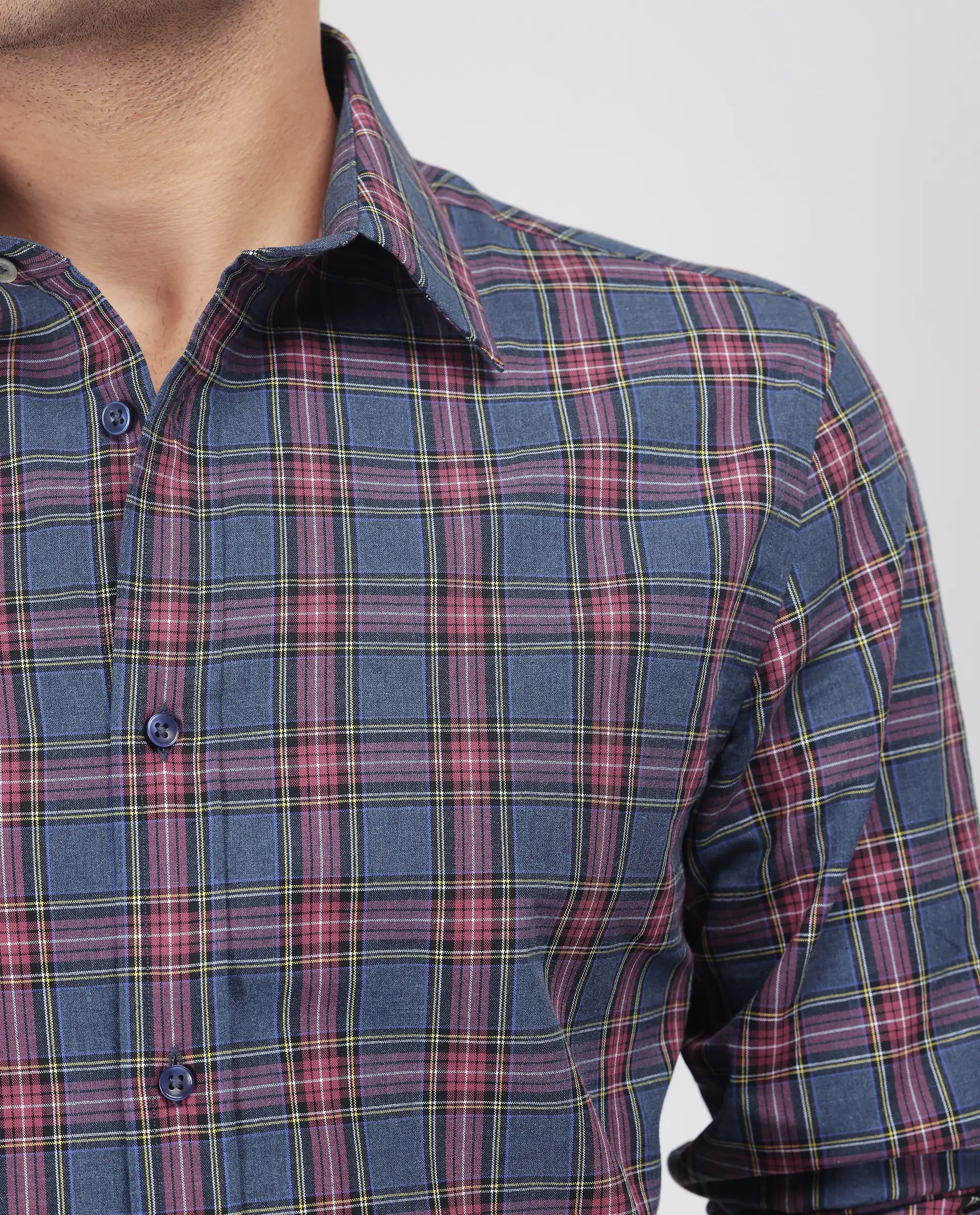 Rare Rabbit Men's Krob Dark Blue Cotton Fabric Full Sleeve Spread Collar Regular Fit Checked Shirt