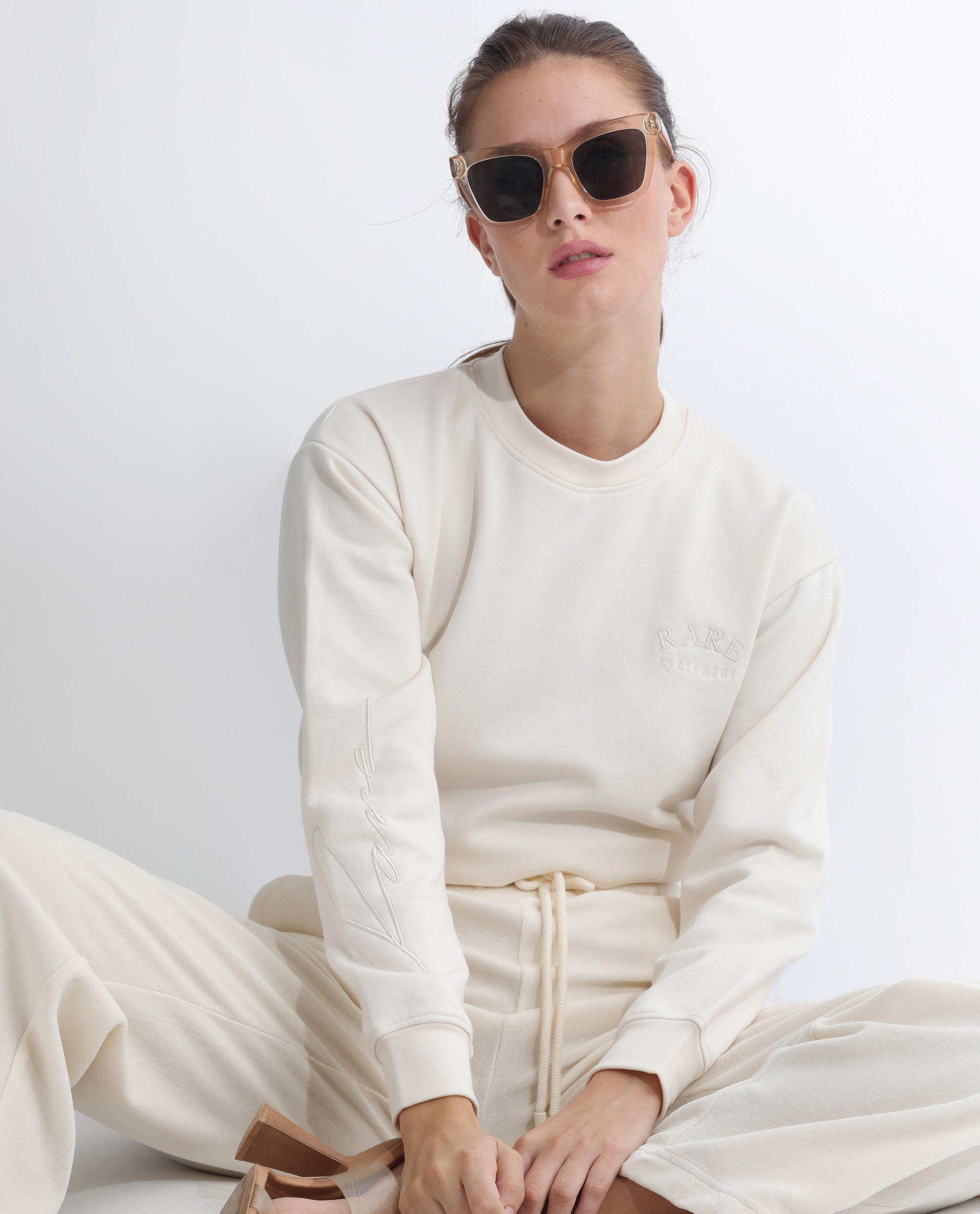 Rareism Articale Women Krok Beige Poly Cotton Fabric Full Sleeves Cuffed Sleeve Round Neck Regular Fit Plain Cropped Sweatshirt