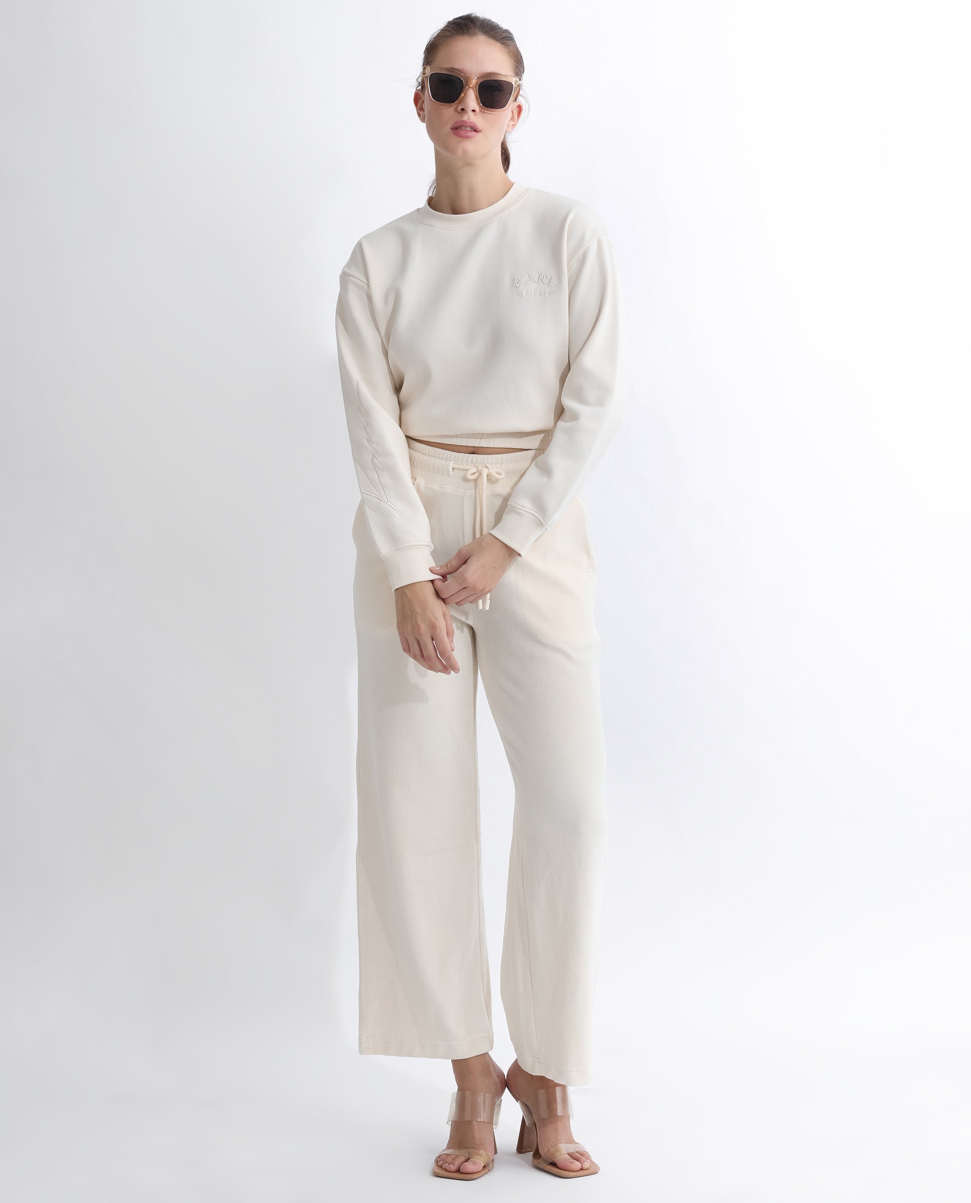 Rareism Articale Women Krok Beige Poly Cotton Fabric Full Sleeves Cuffed Sleeve Round Neck Regular Fit Plain Cropped Sweatshirt