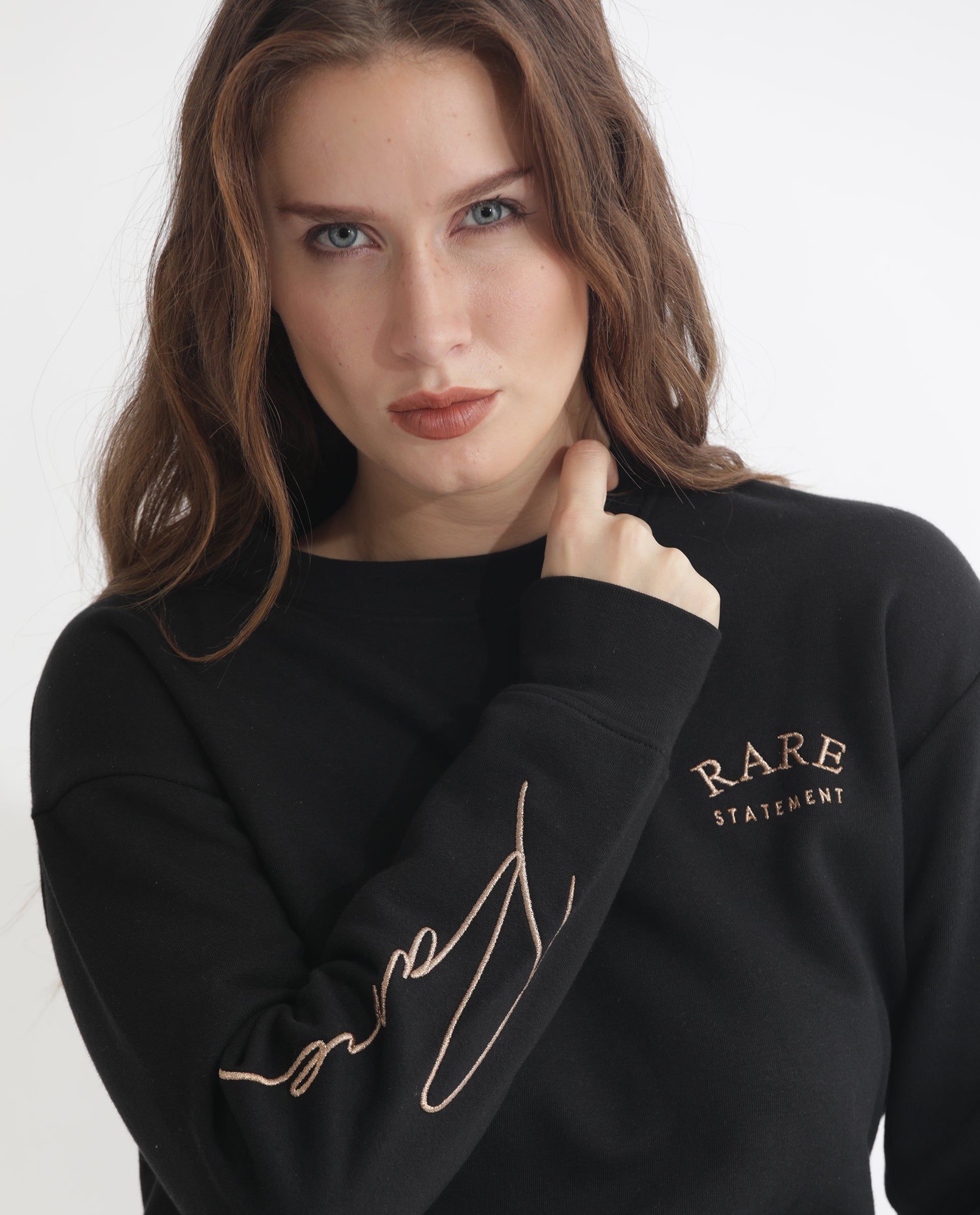 Rareism Women Krok Black Poly Cotton Fabric Regular Fit Full Sleeves Embroidered Round Neck Sweatshirt