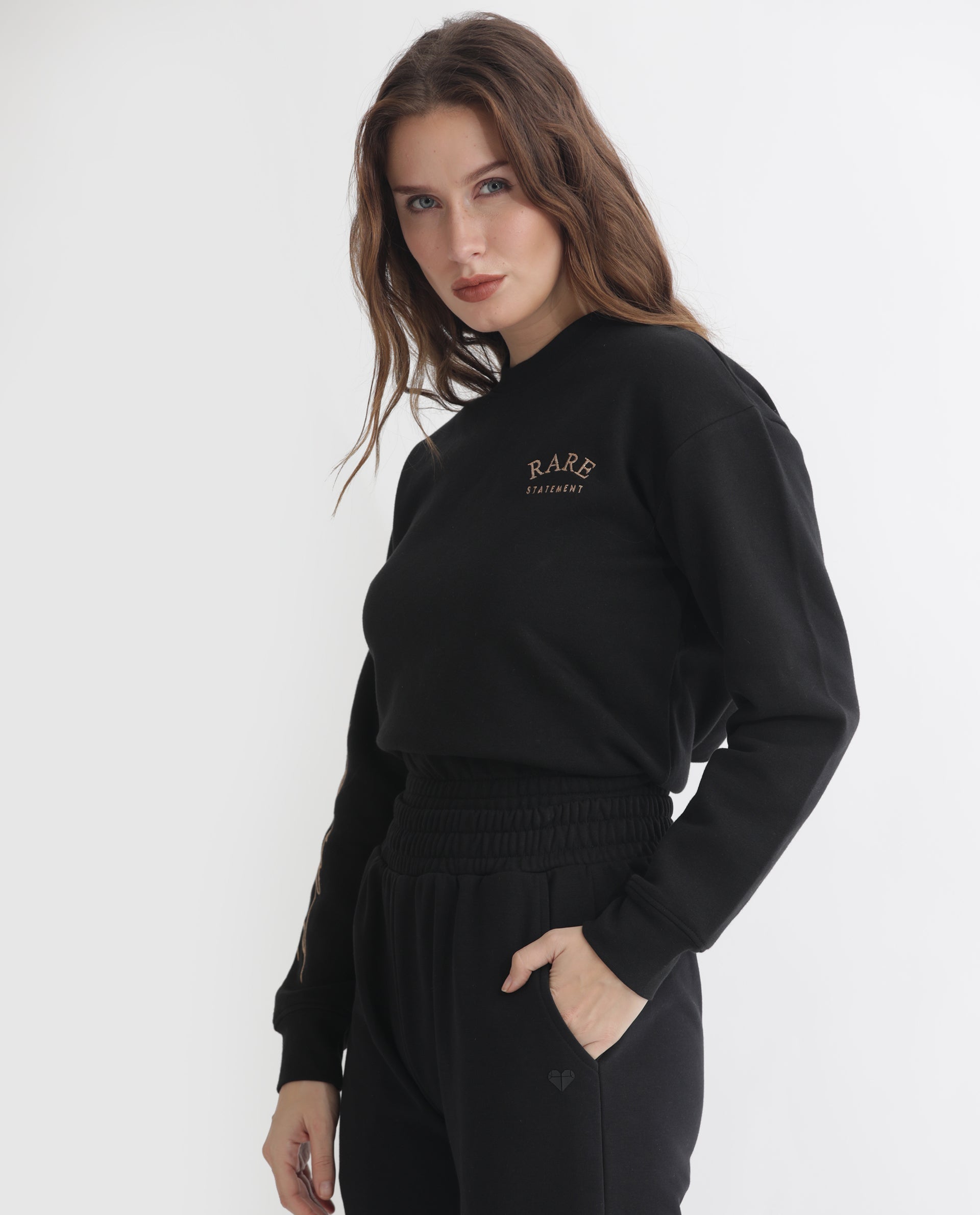 Rareism Women Krok Black Poly Cotton Fabric Regular Fit Full Sleeves Embroidered Round Neck Sweatshirt