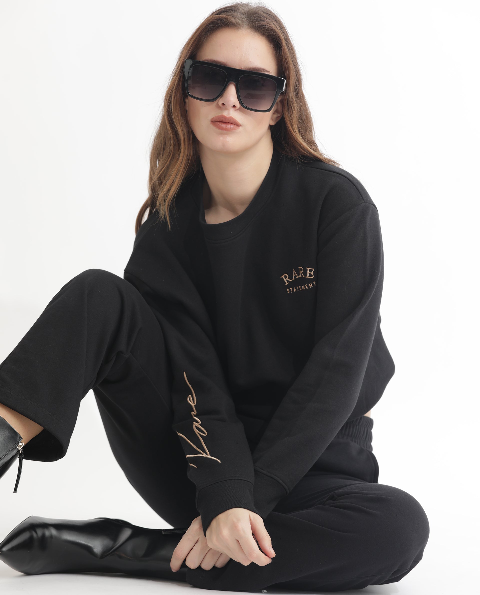 Rareism Women Krok Black Poly Cotton Fabric Regular Fit Full Sleeves Embroidered Round Neck Sweatshirt