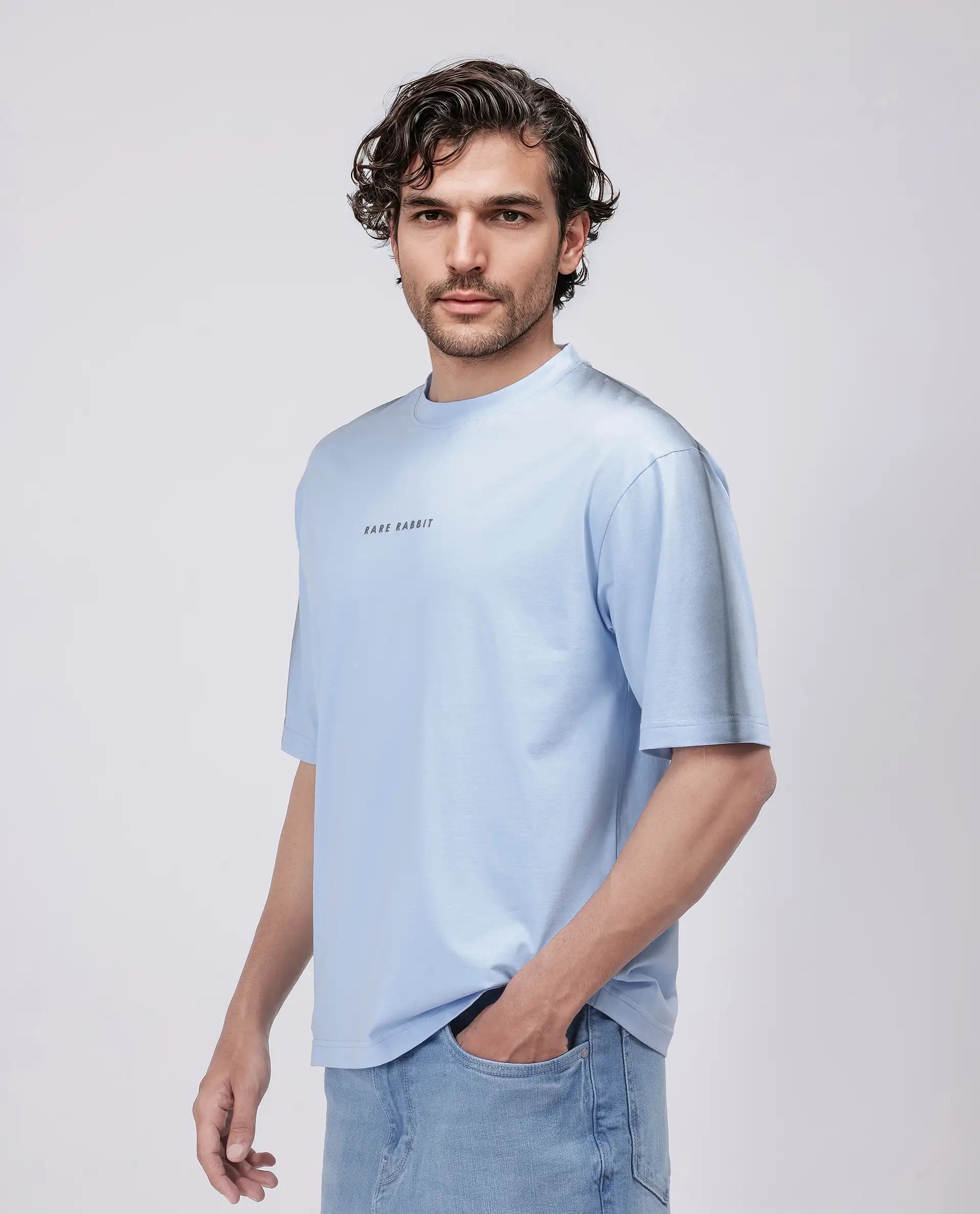 Rare Rabbit Men's Kruv Blue Cotton Fabric Half Sleeve Crew Neck Boxy Fit Printed T-Shirt