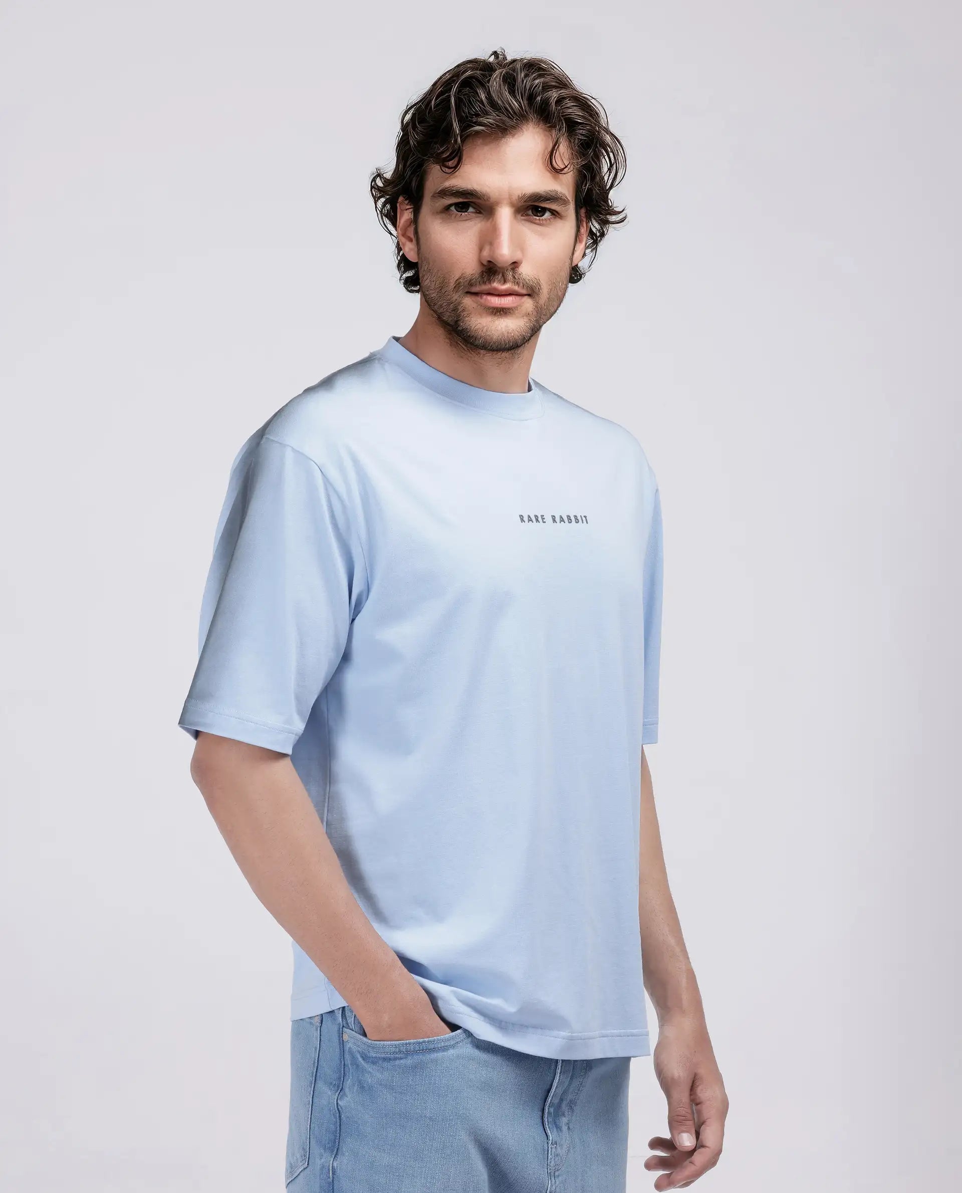 Rare Rabbit Men's Kruv Blue Cotton Fabric Half Sleeve Crew Neck Boxy Fit Printed T-Shirt