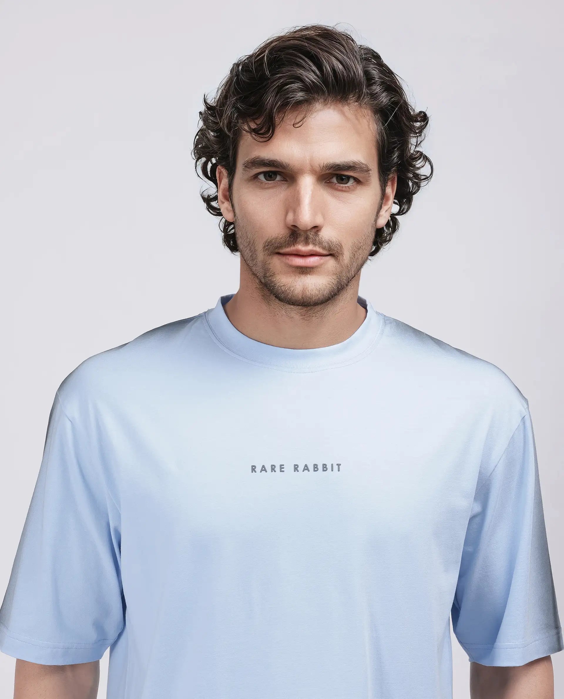 Rare Rabbit Men's Kruv Blue Cotton Fabric Half Sleeve Crew Neck Boxy Fit Printed T-Shirt