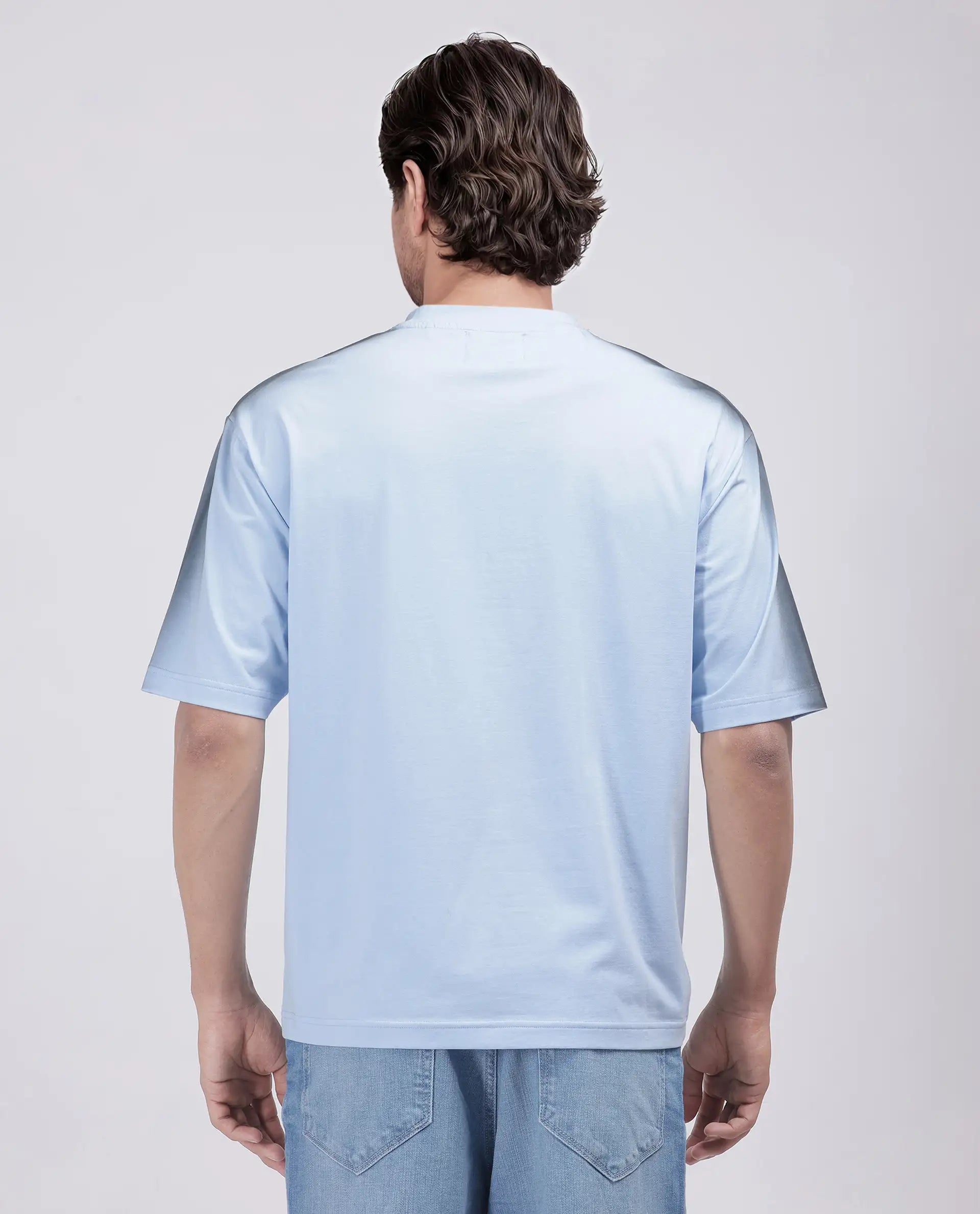 Rare Rabbit Men's Kruv Blue Cotton Fabric Half Sleeve Crew Neck Boxy Fit Printed T-Shirt