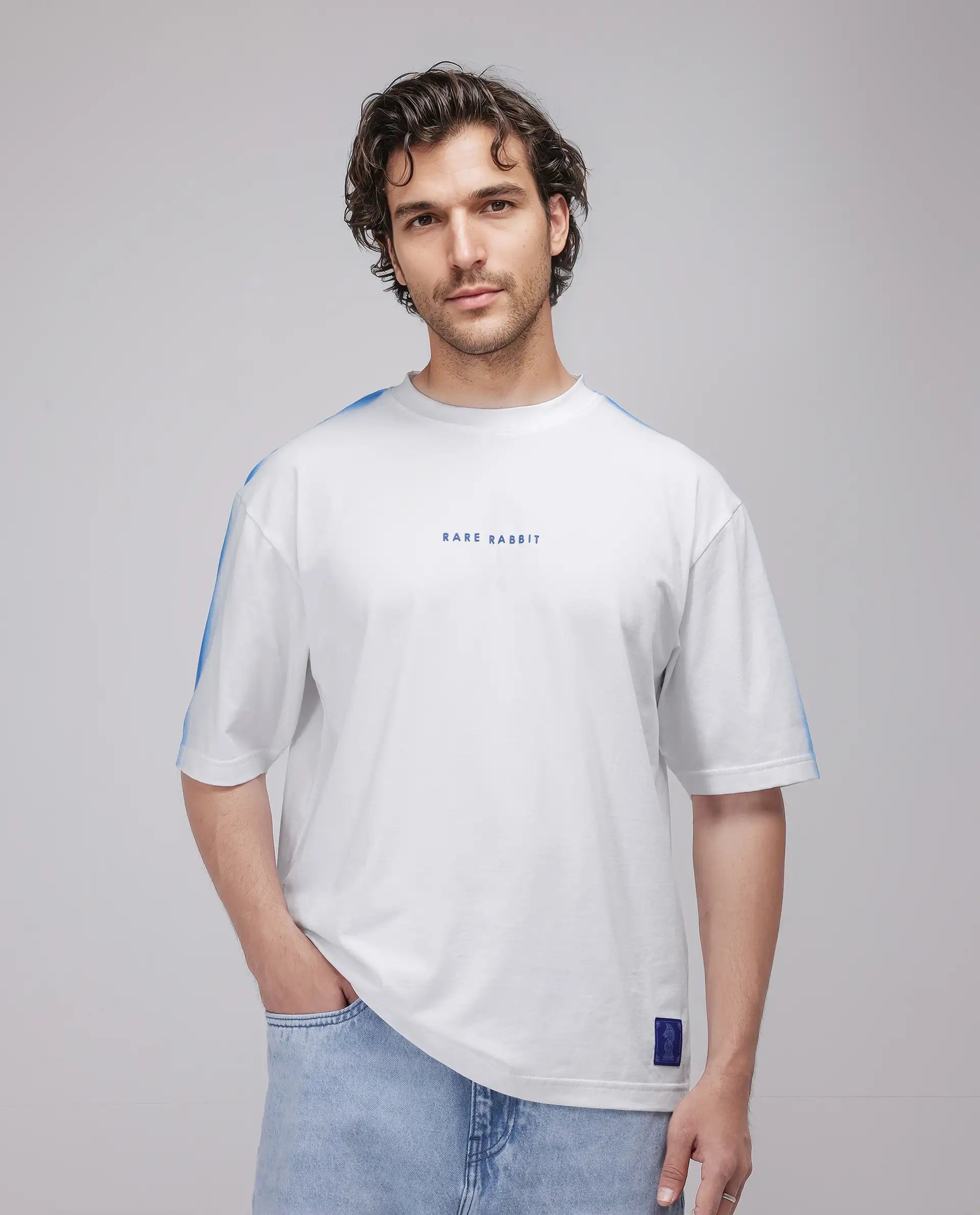 Rare Rabbit Men's Kruv White Cotton Fabric Half Sleeve Crew Neck Boxy Fit Printed T-Shirt