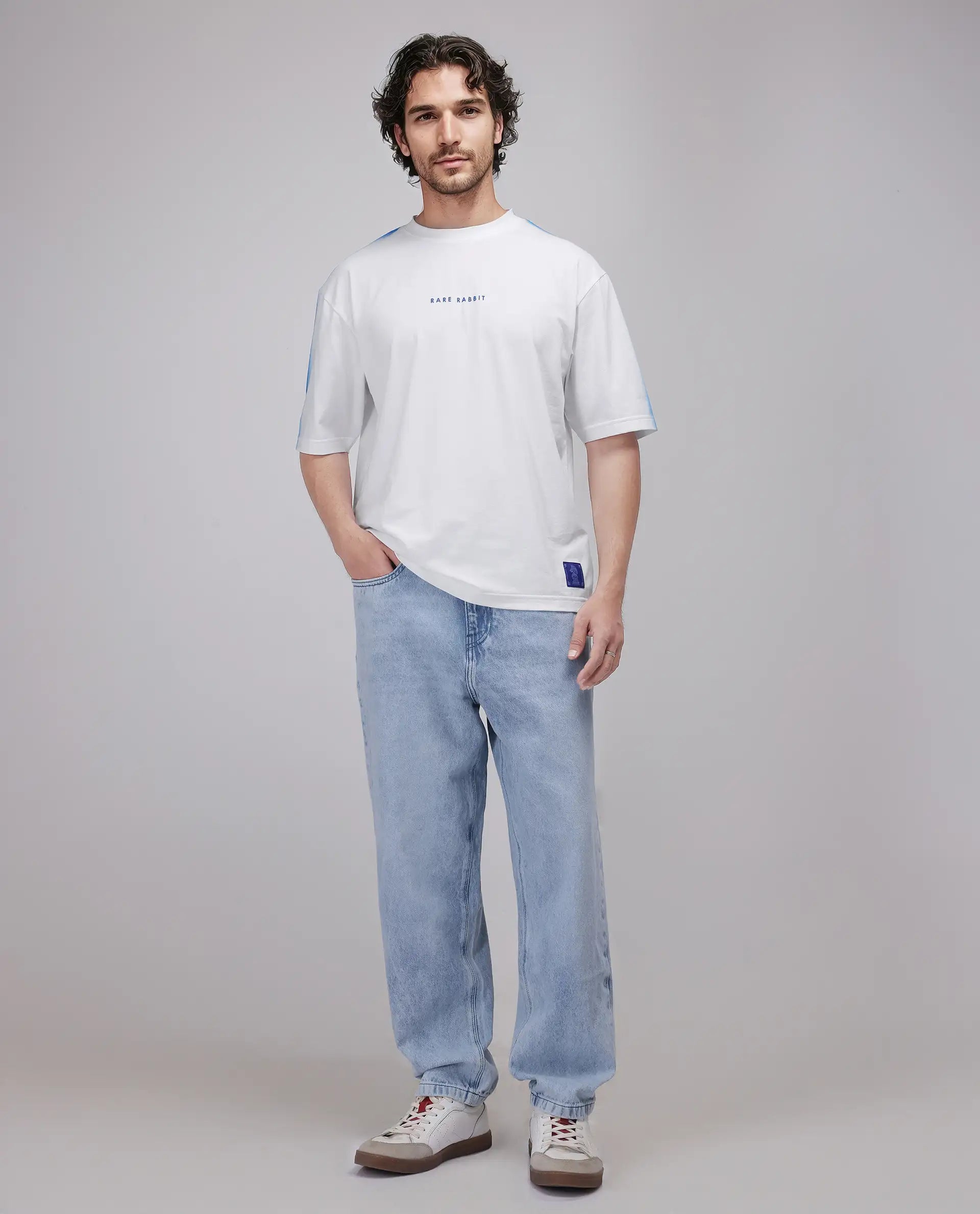 Rare Rabbit Men's Kruv White Cotton Fabric Half Sleeve Crew Neck Boxy Fit Printed T-Shirt