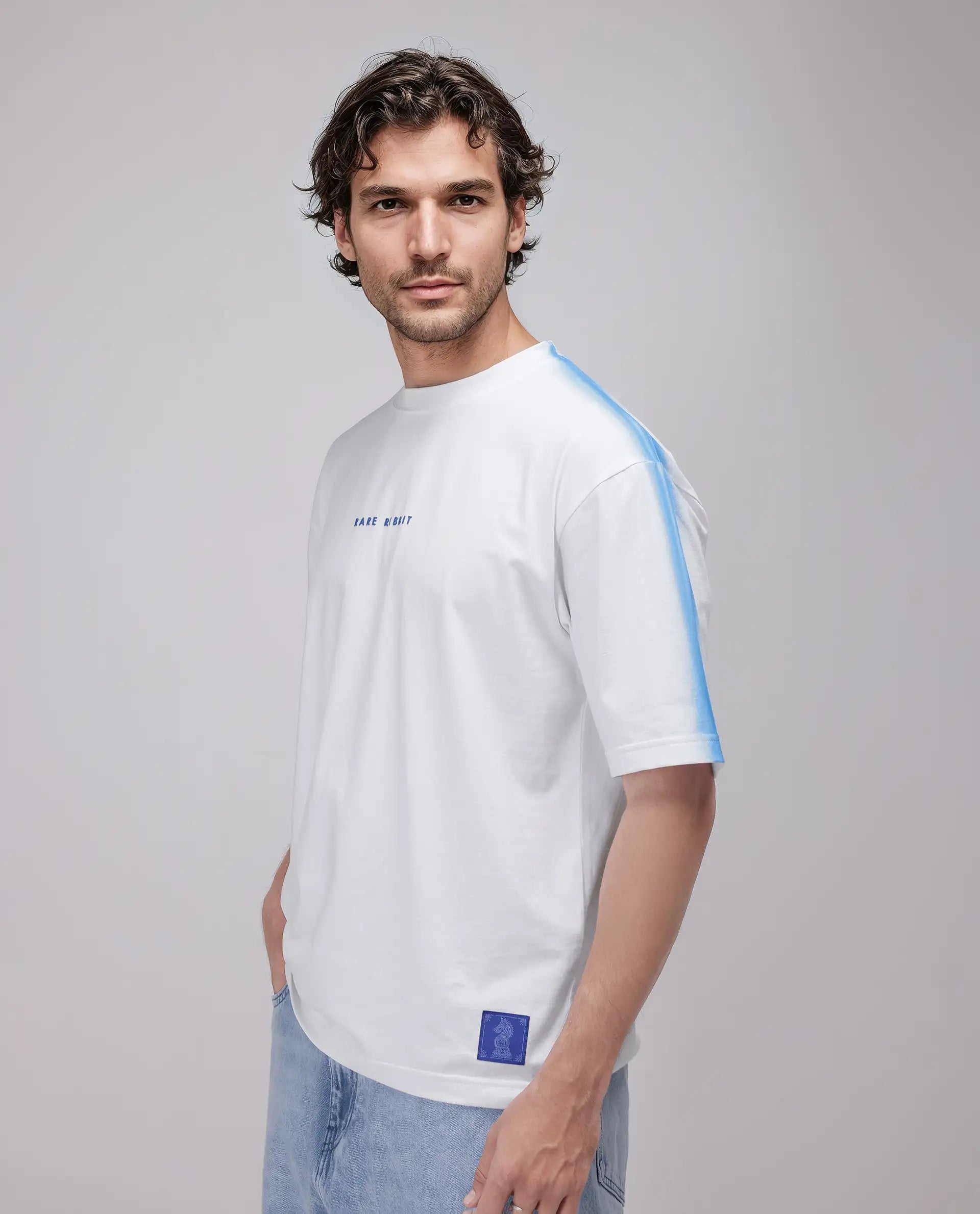 Rare Rabbit Men's Kruv White Cotton Fabric Half Sleeve Crew Neck Boxy Fit Printed T-Shirt