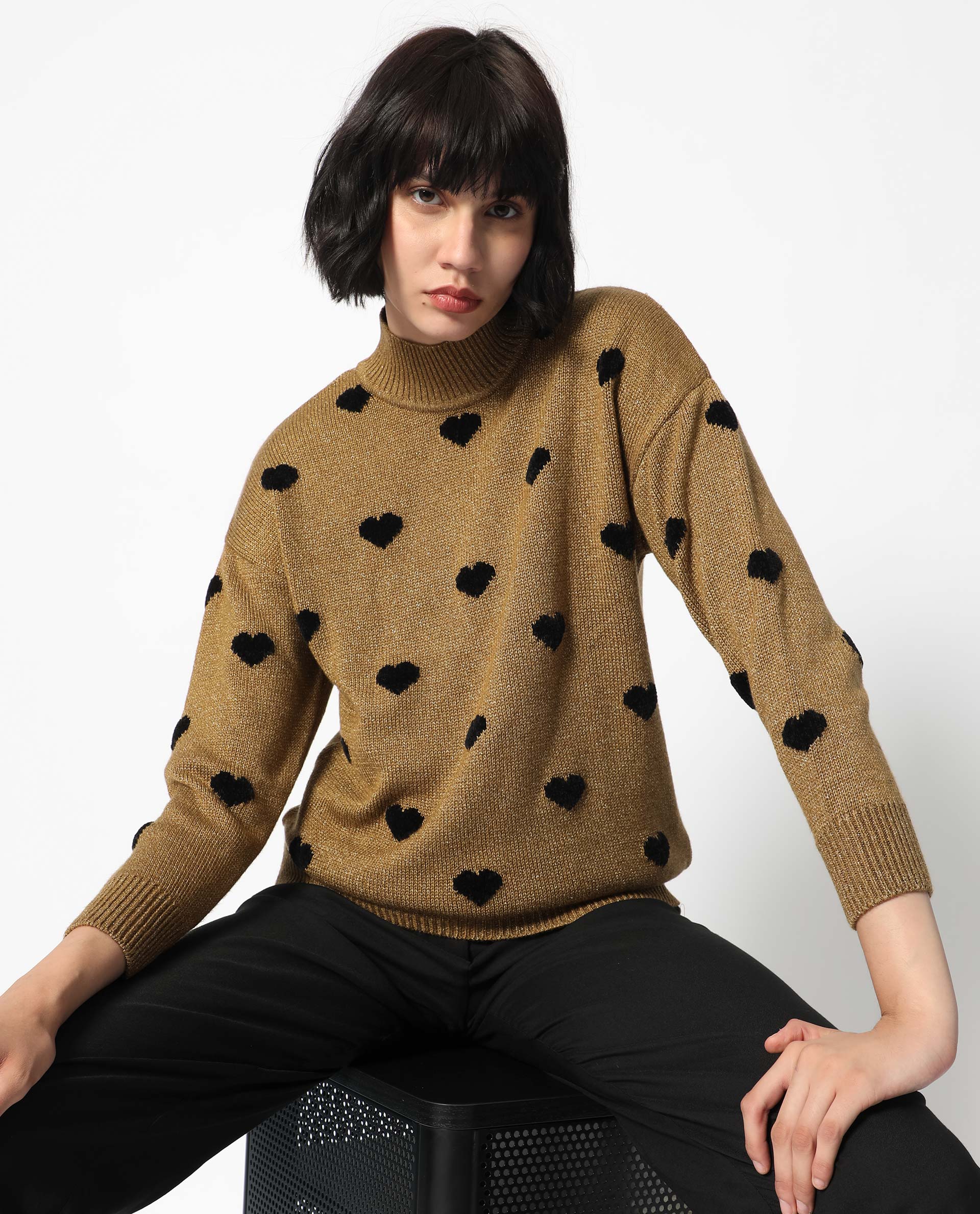 Rareism Women Kuhret Gold Acrylic Fabric Full Sleeves High Neck Regular Fit Geometric Print Sweater