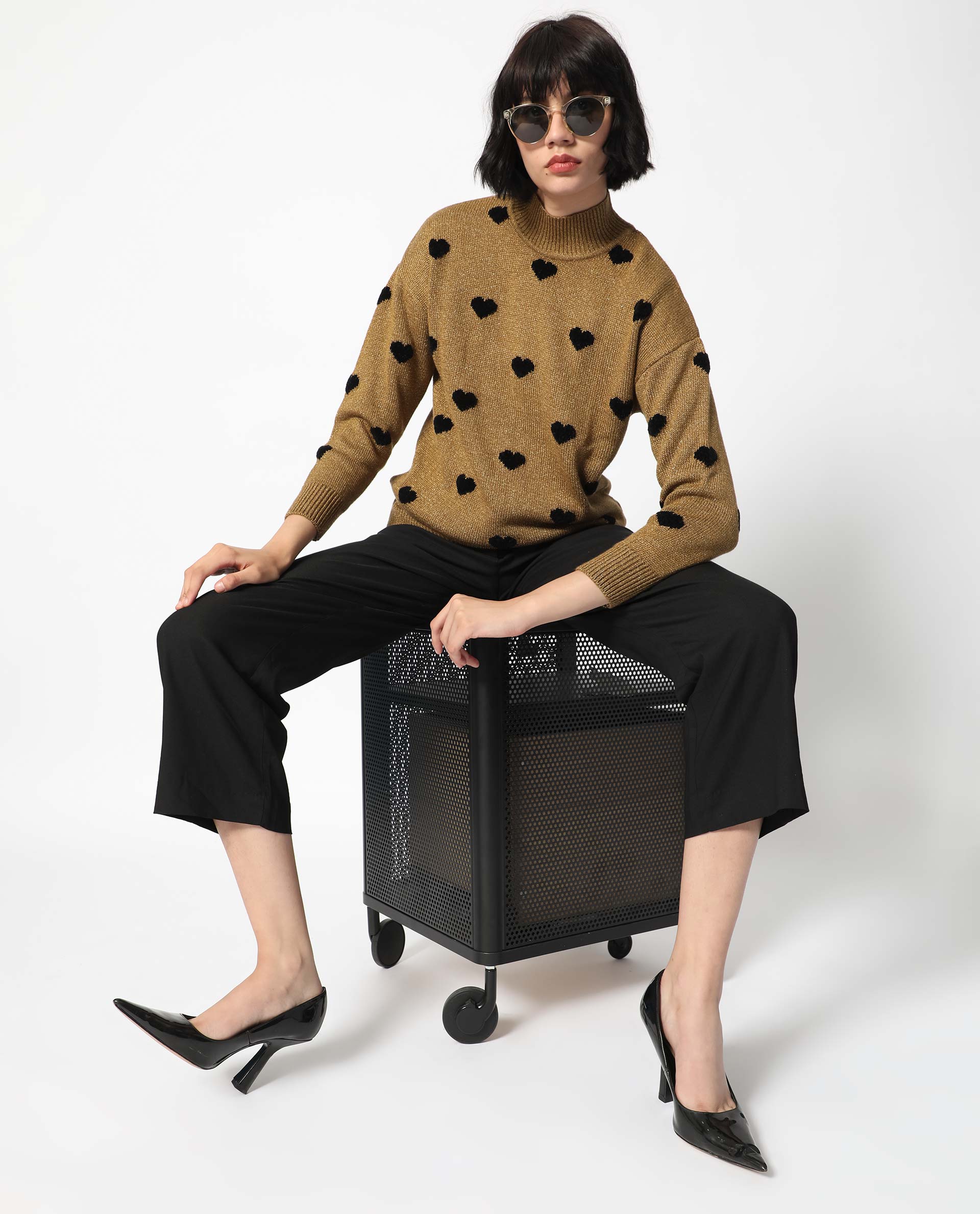 Rareism Women Kuhret Gold Acrylic Fabric Full Sleeves High Neck Regular Fit Geometric Print Sweater