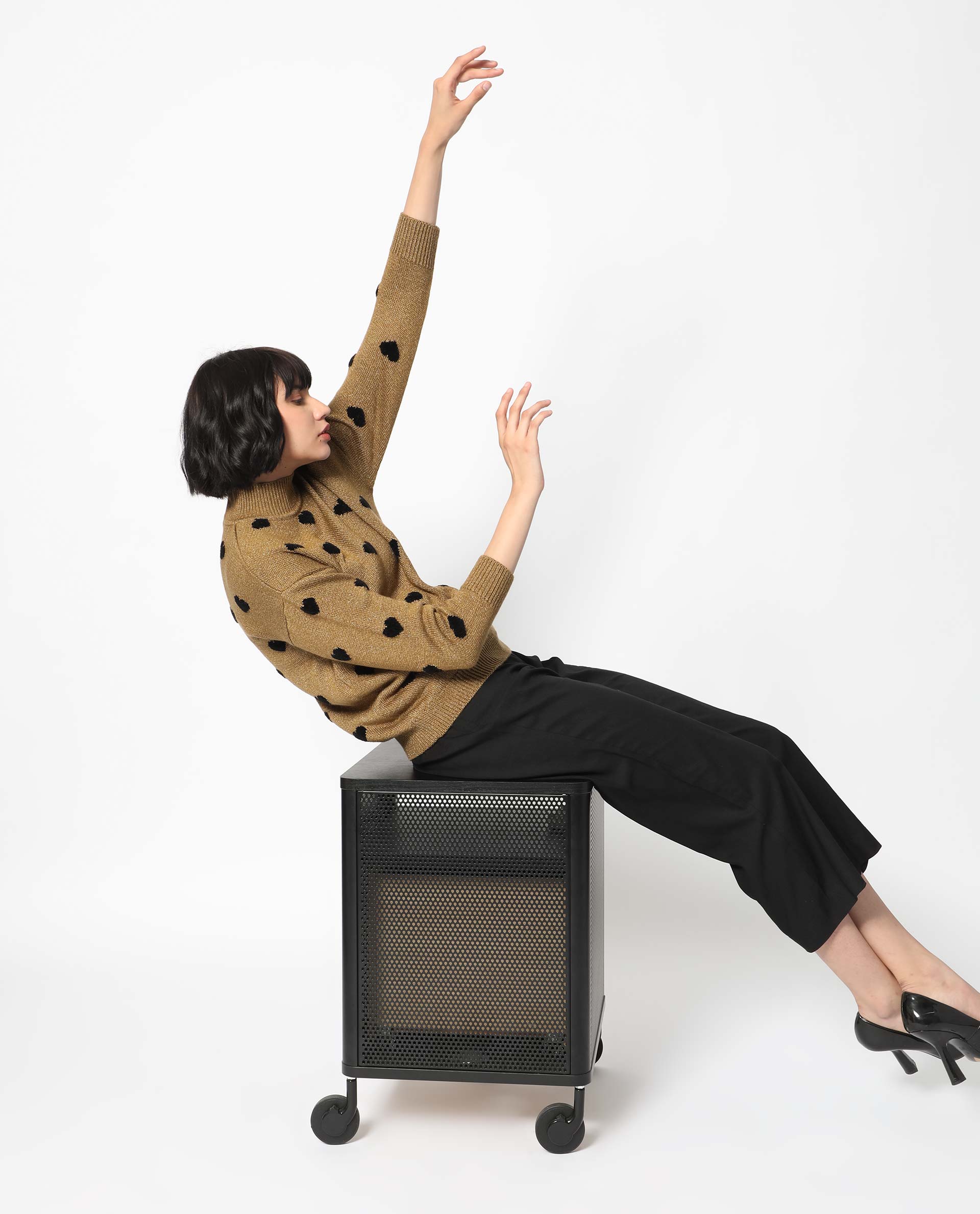 Rareism Women Kuhret Gold Acrylic Fabric Full Sleeves High Neck Regular Fit Geometric Print Sweater