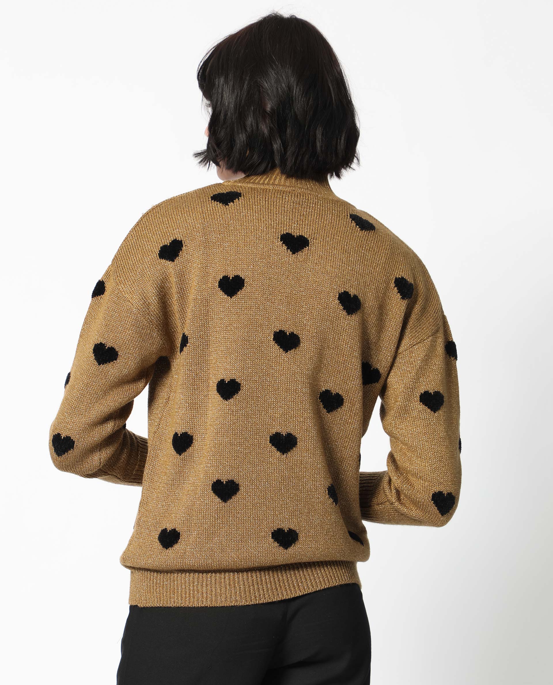 Rareism Women Kuhret Gold Acrylic Fabric Full Sleeves High Neck Regular Fit Geometric Print Sweater