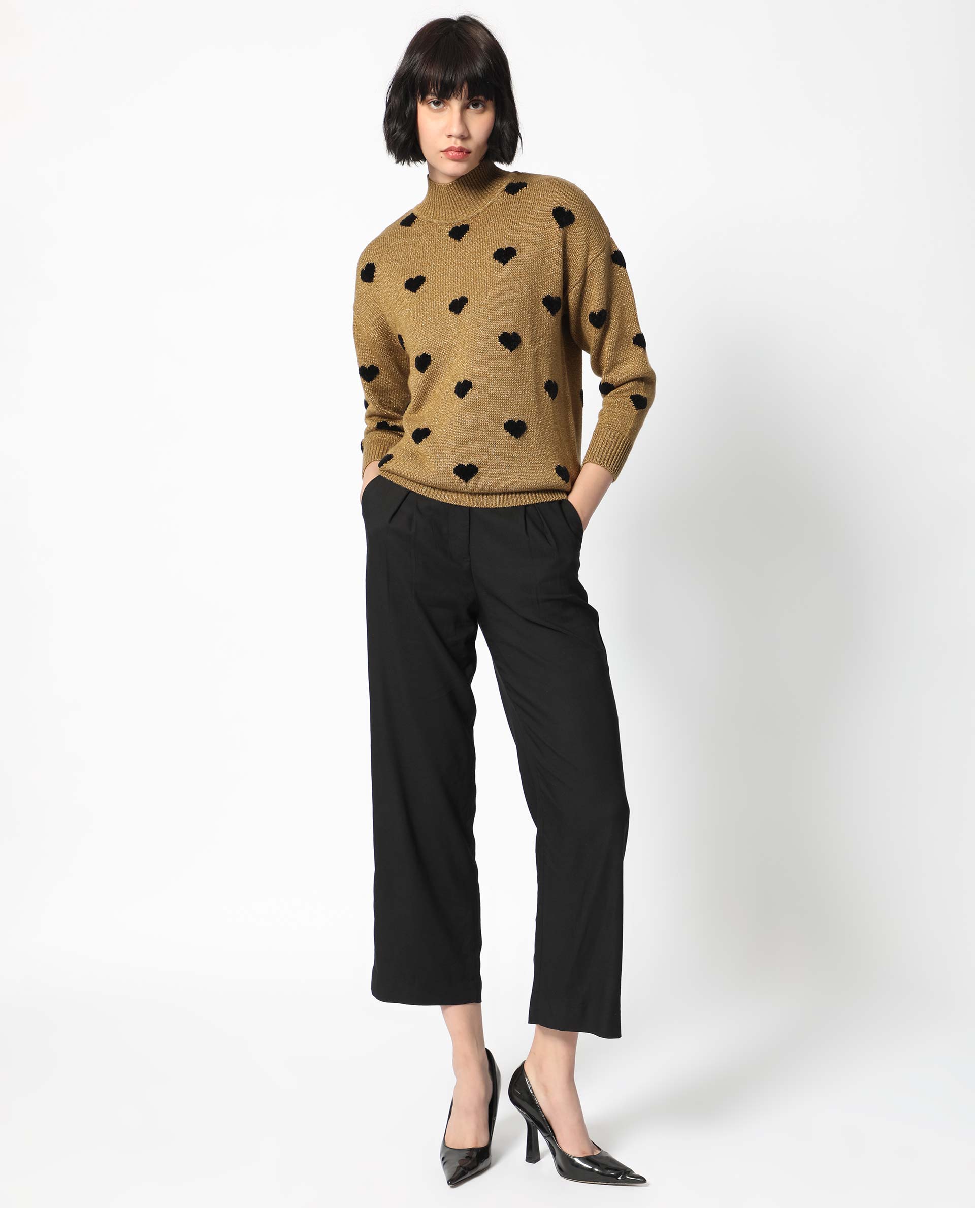 Rareism Women Kuhret Gold Acrylic Fabric Full Sleeves High Neck Regular Fit Geometric Print Sweater