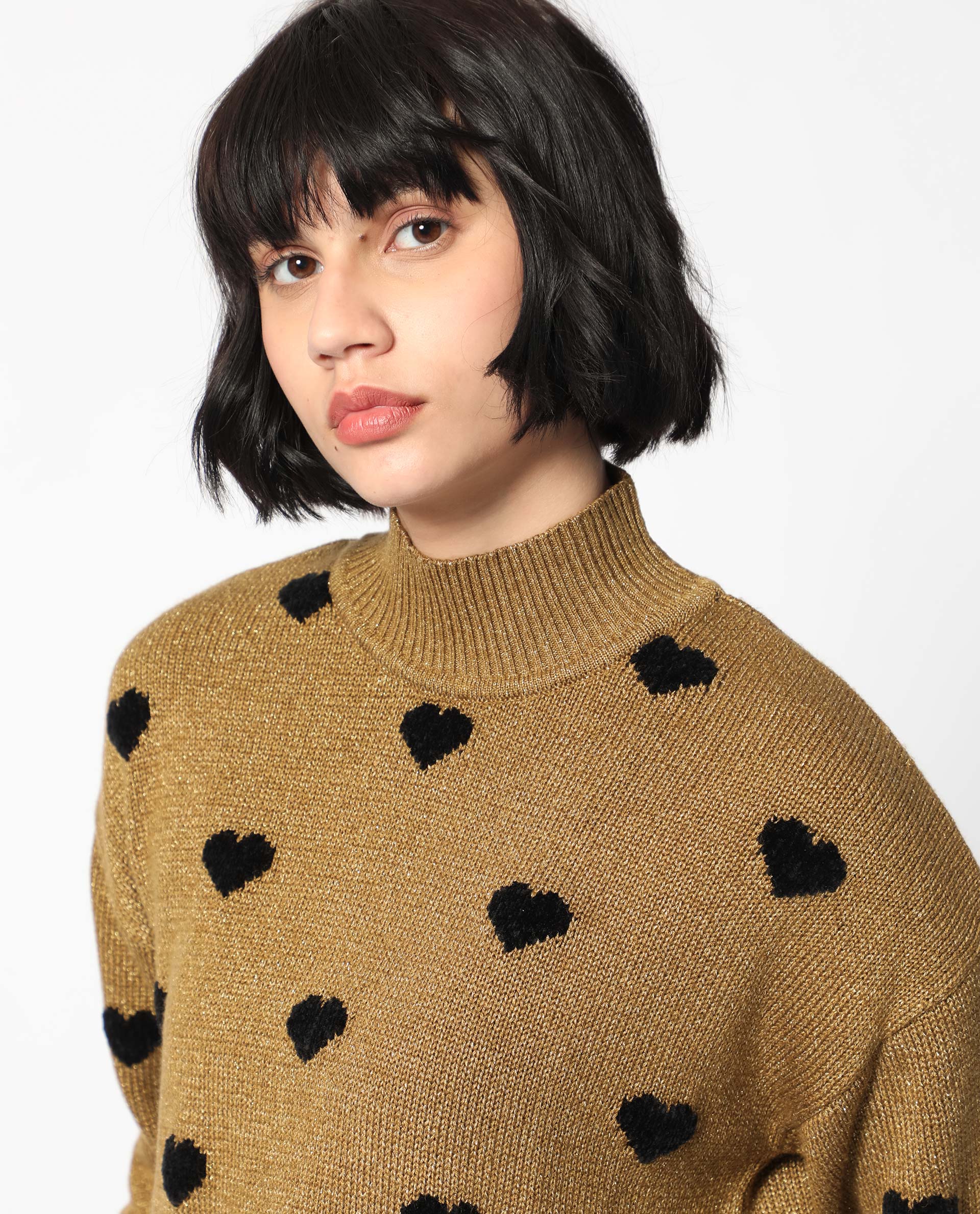 Rareism Women Kuhret Gold Acrylic Fabric Full Sleeves High Neck Regular Fit Geometric Print Sweater