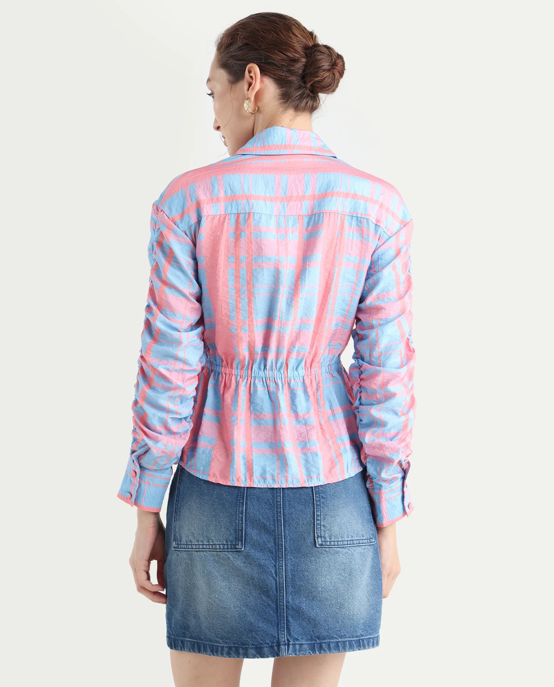 Rareism Women's Kulda Light Blue Nylon Blend Spread Collar Flannel Print Cuffed Sleeve Regular Fit Top