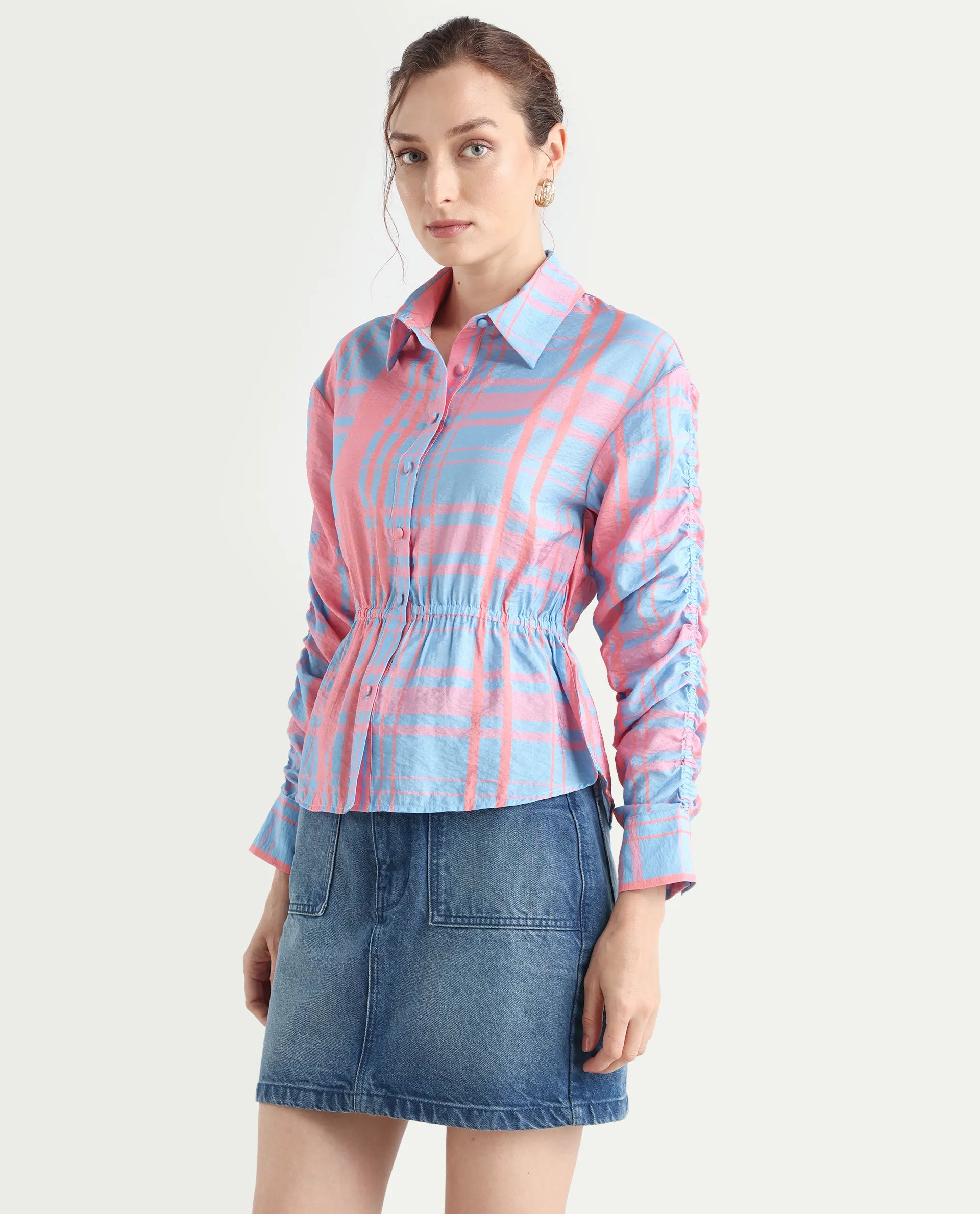 Rareism Women's Kulda Light Blue Nylon Blend Spread Collar Flannel Print Cuffed Sleeve Regular Fit Top