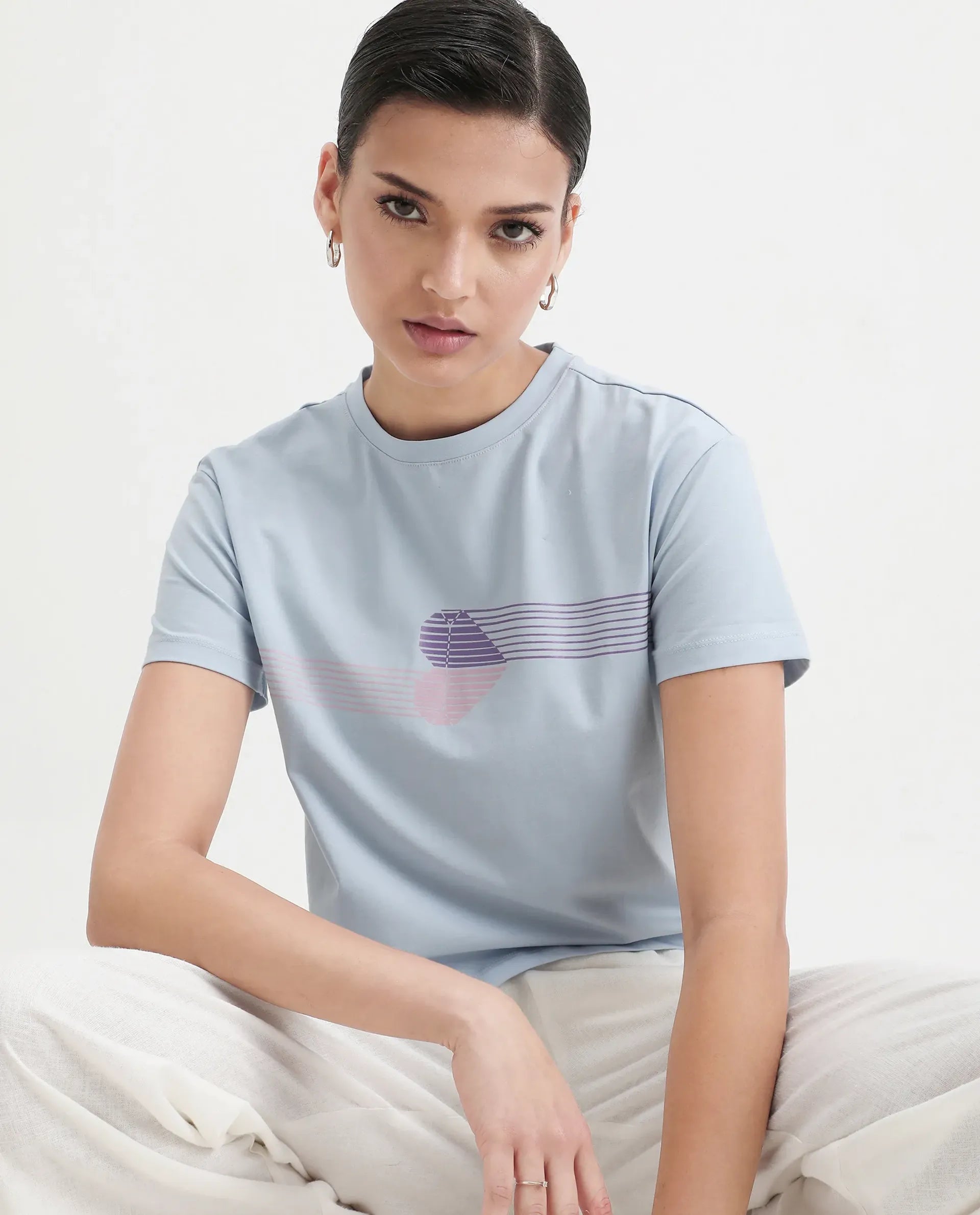 Rareism Women's Kuncro Light Blue Cotton Blend Crew Neck Graphic Print Crop Regular Fit T-Shirt