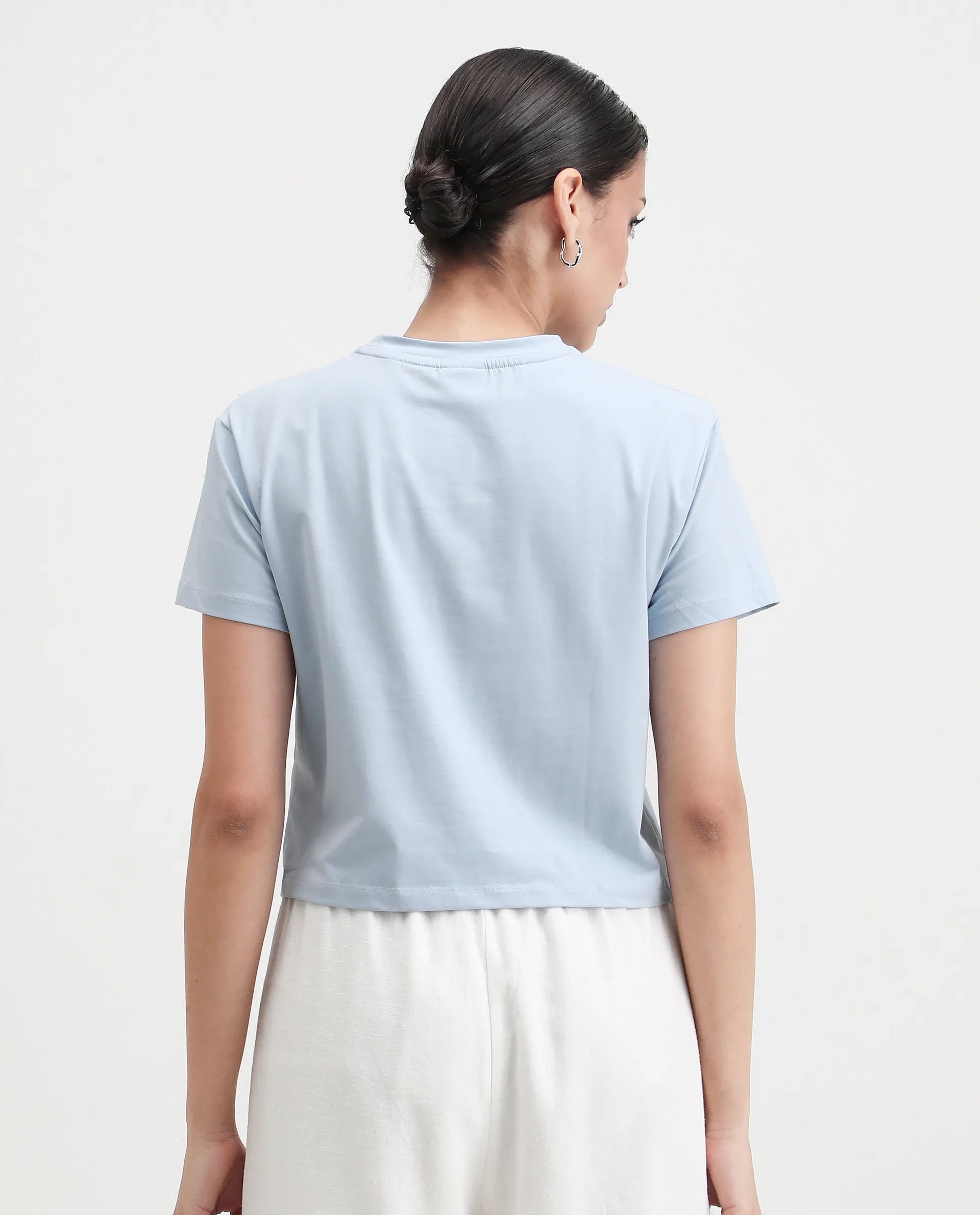 Rareism Women's Kuncro Light Blue Cotton Blend Crew Neck Graphic Print Crop Regular Fit T-Shirt