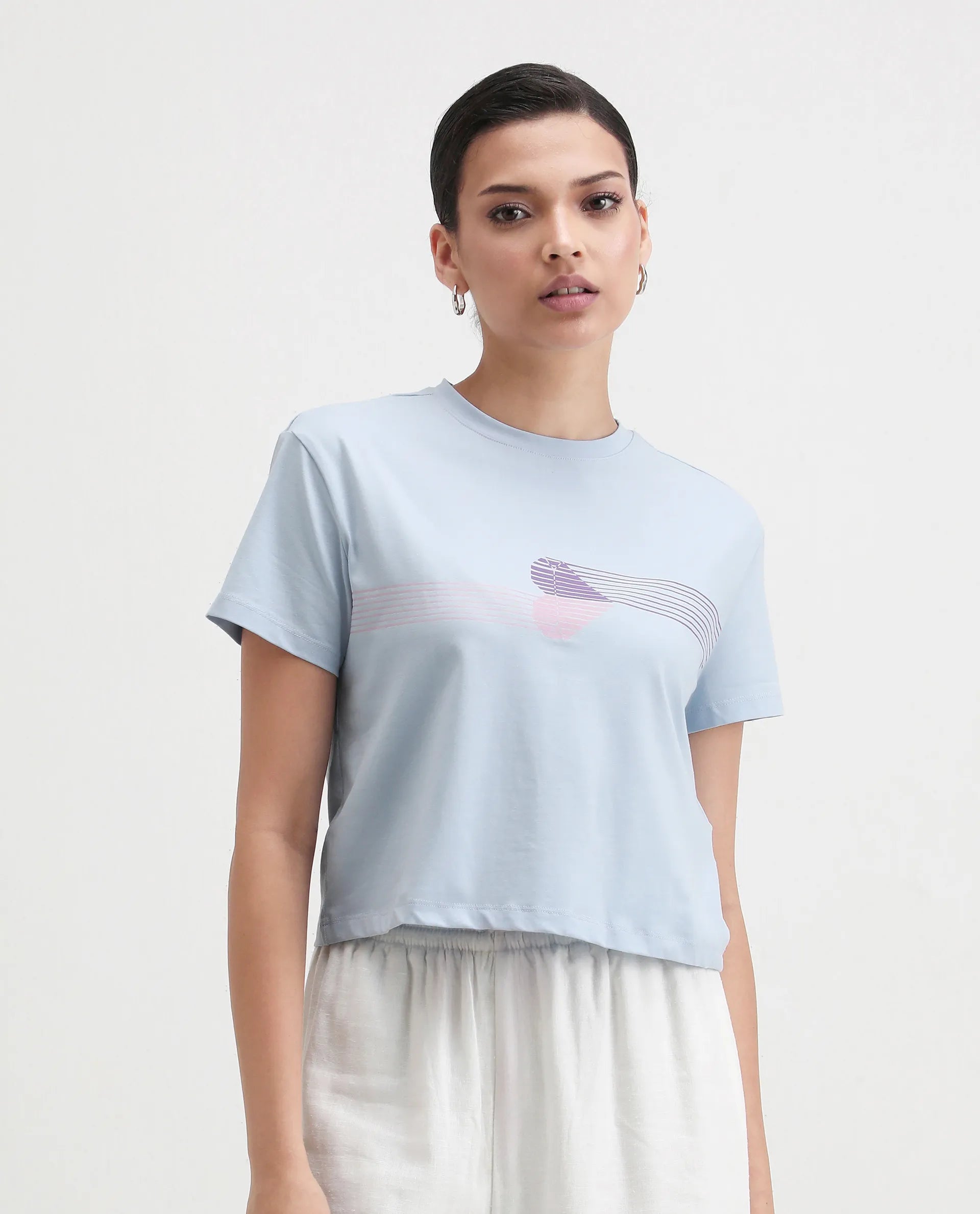 Rareism Women's Kuncro Light Blue Cotton Blend Crew Neck Graphic Print Crop Regular Fit T-Shirt