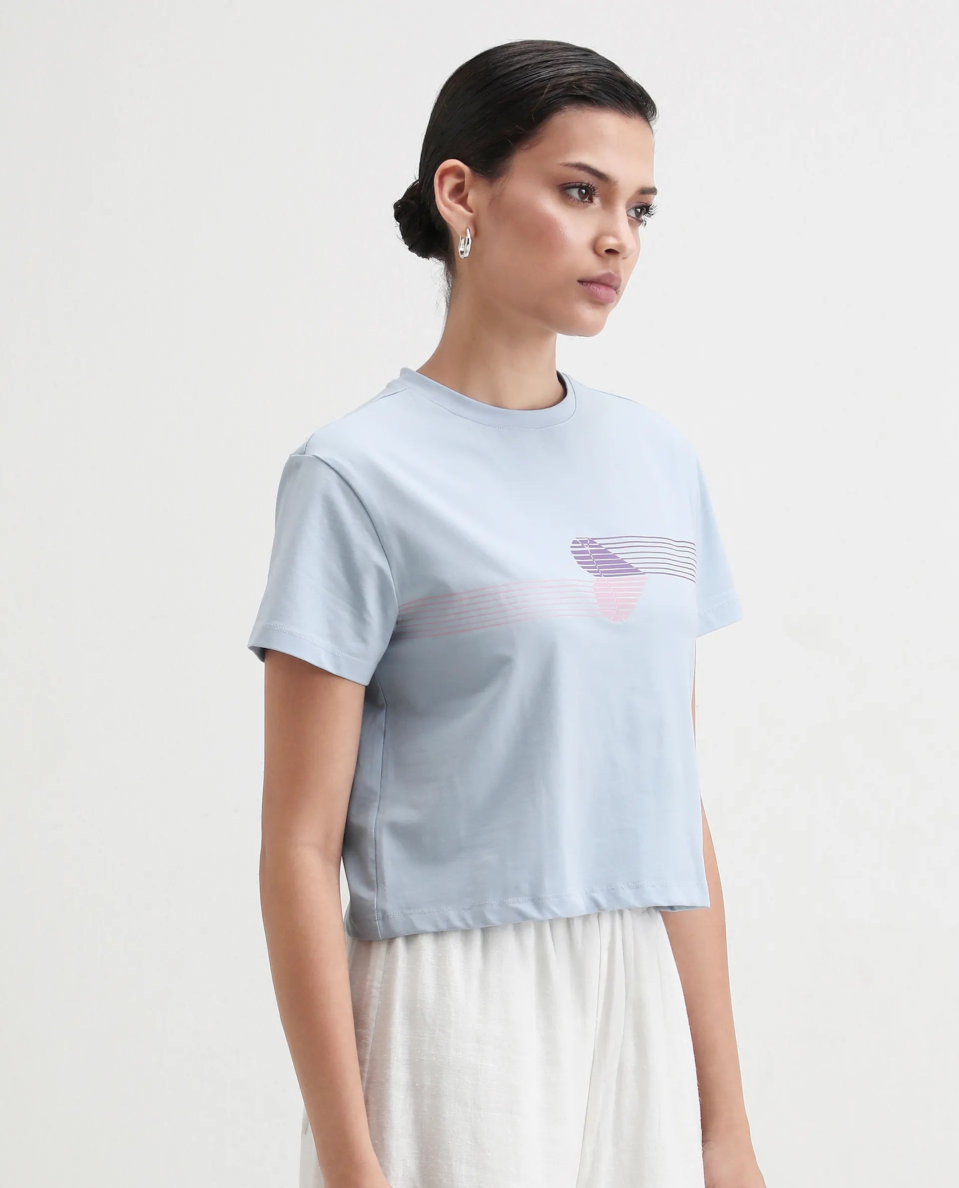 Rareism Women's Kuncro Light Blue Cotton Blend Crew Neck Graphic Print Crop Regular Fit T-Shirt