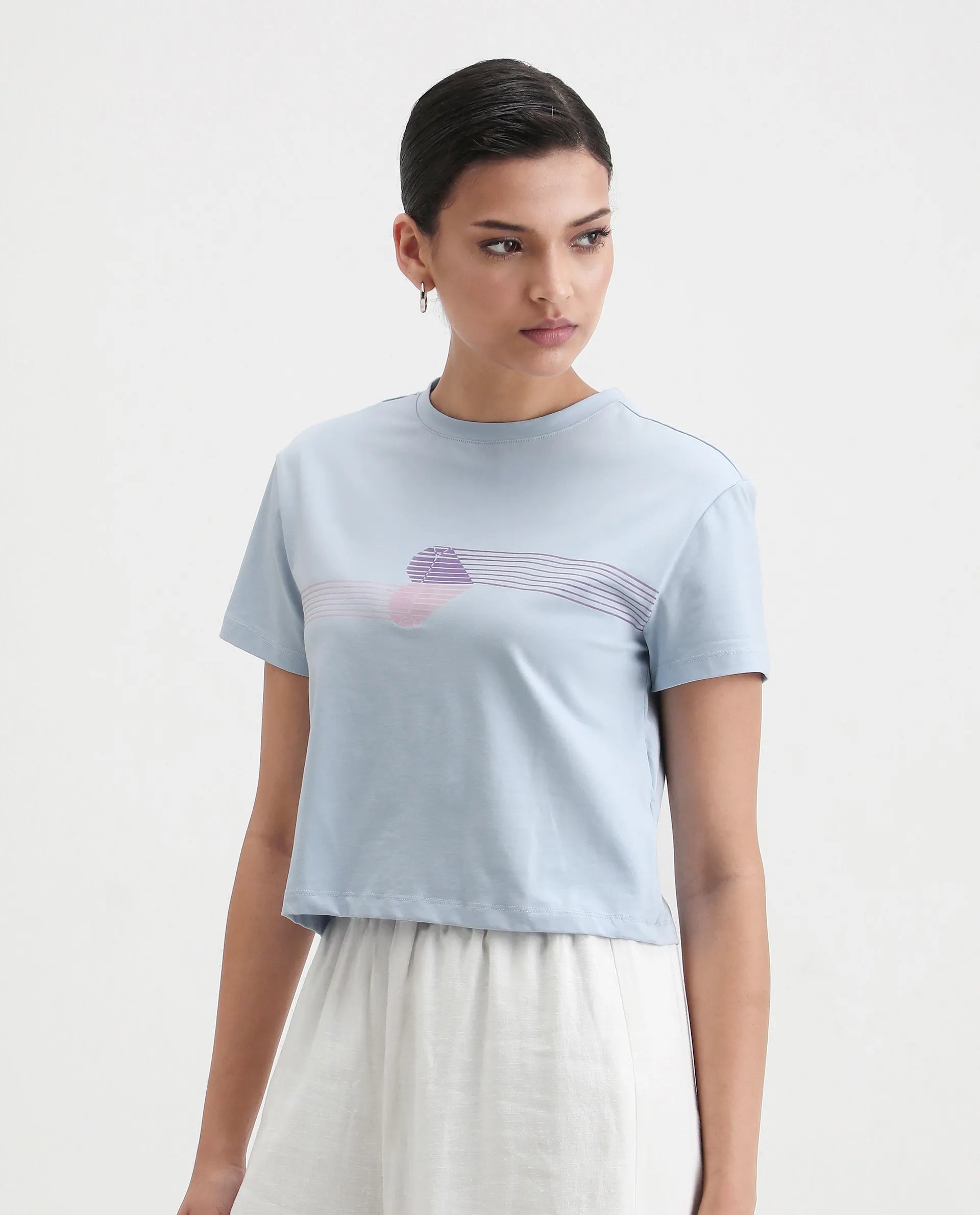 Rareism Women's Kuncro Light Blue Cotton Blend Crew Neck Graphic Print Crop Regular Fit T-Shirt