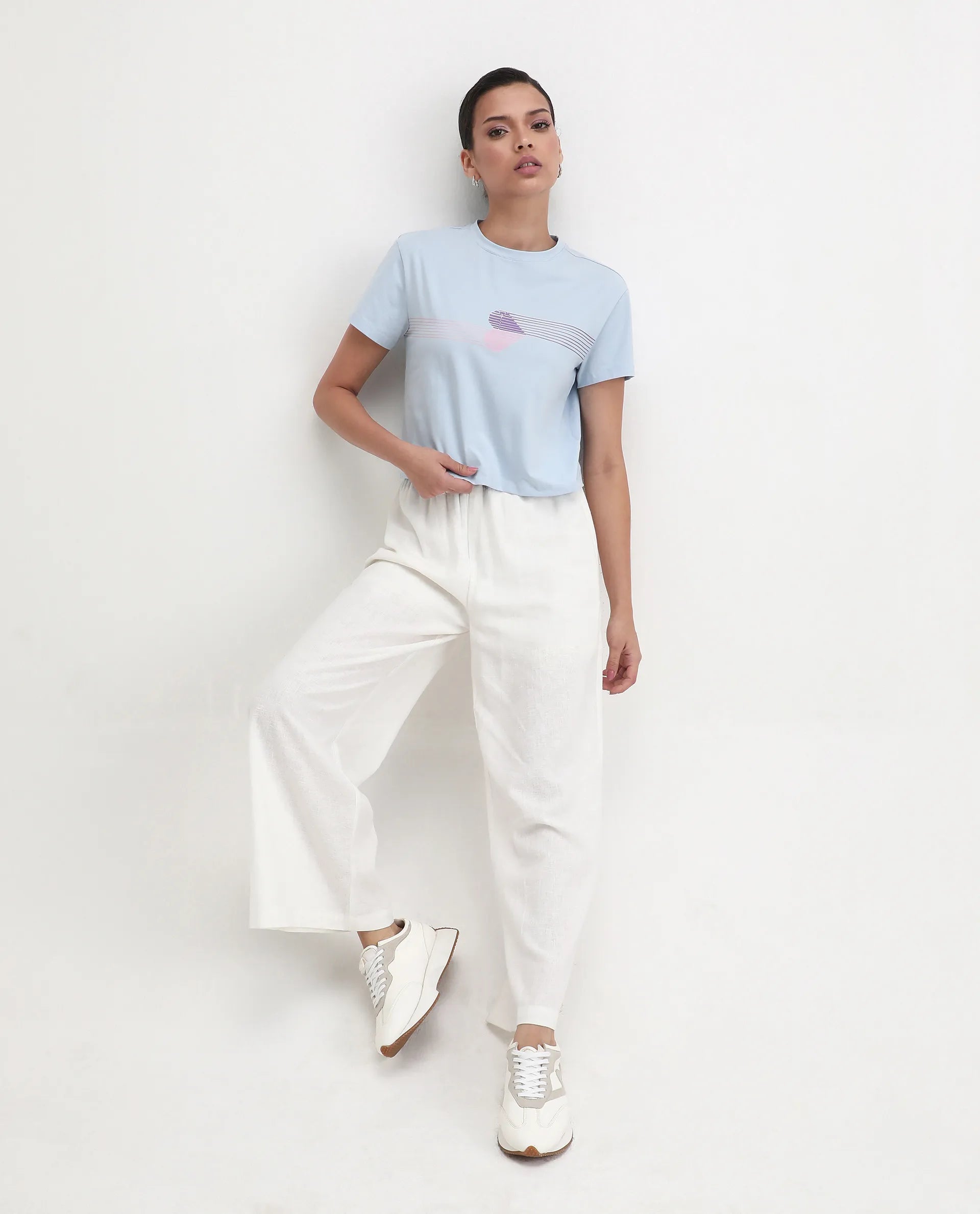 Rareism Women's Kuncro Light Blue Cotton Blend Crew Neck Graphic Print Crop Regular Fit T-Shirt