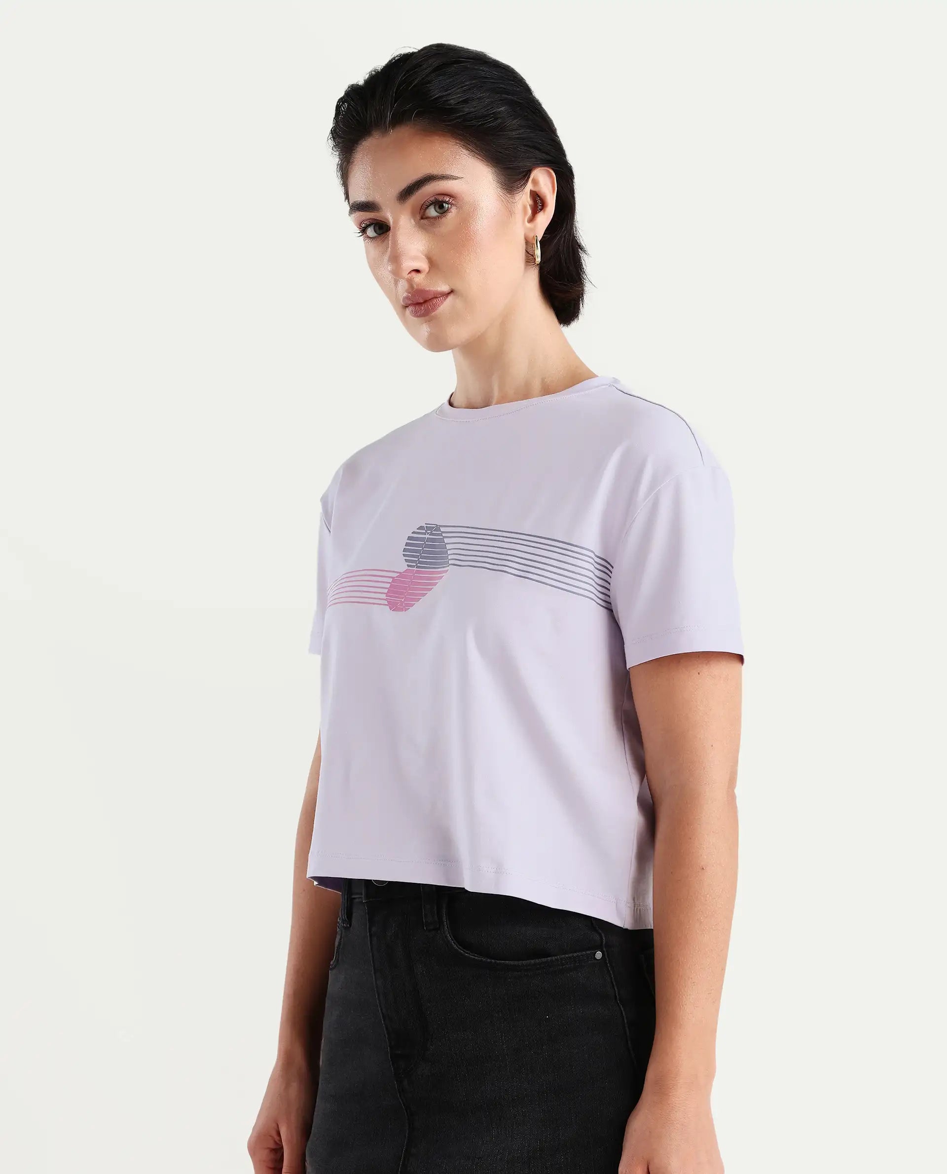 Rareism Women's Kuncro Pastel Purple Cotton Blend Crew Neck Graphic Print Crop Regular Fit T-Shirt