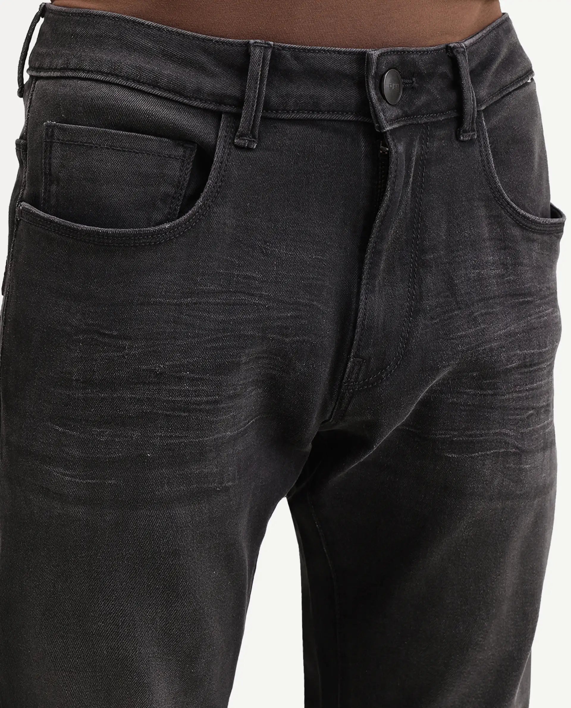 Rare Rabbit Men's Kurom Dark Grey Cotton Blend Hawk Slim Plain Jeans