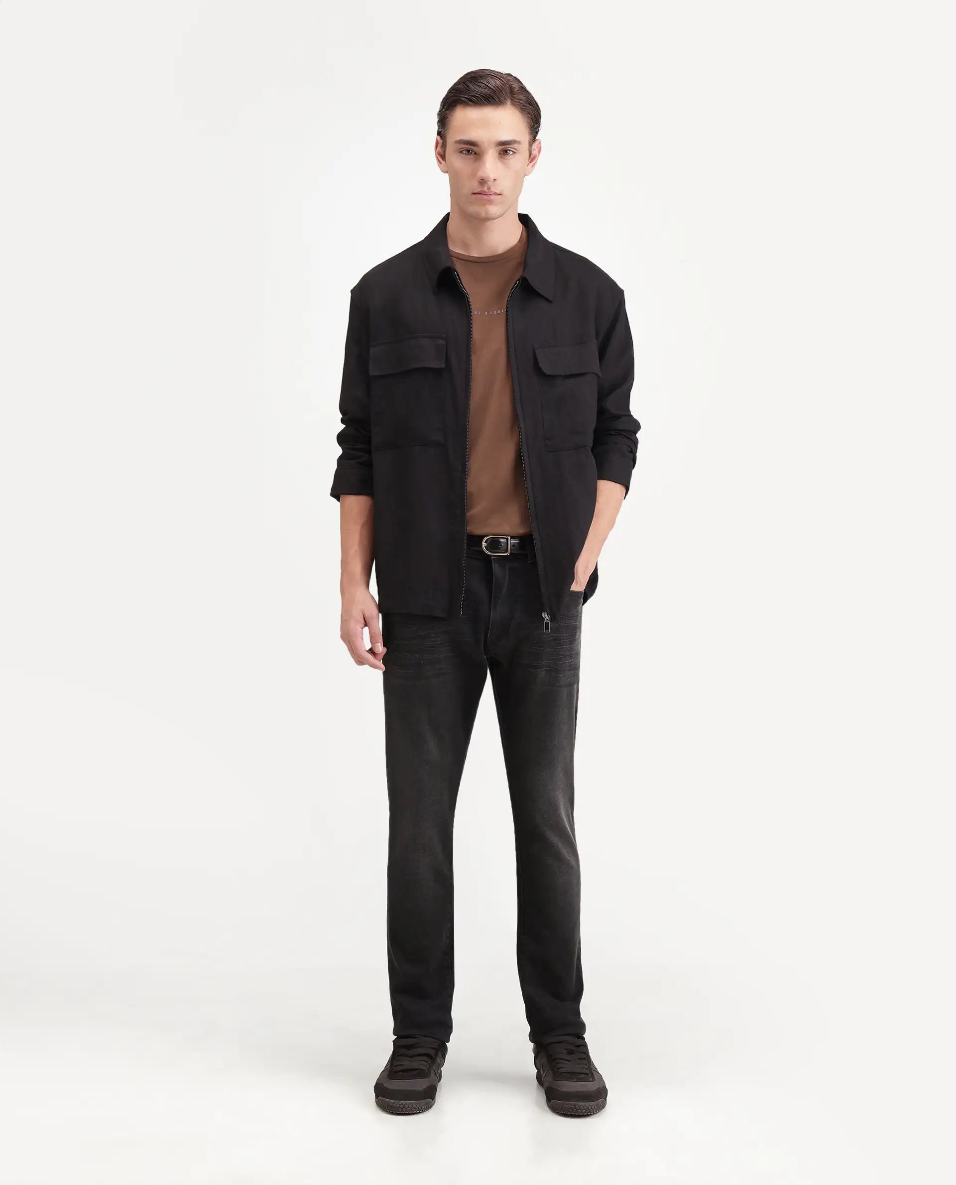 Rare Rabbit Men's Kurom Dark Grey Cotton Blend Hawk Slim Plain Jeans
