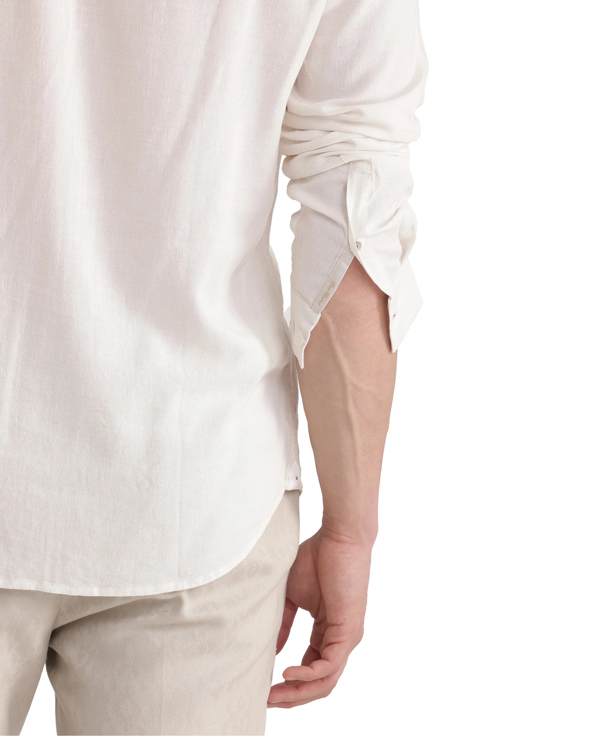 Rare Rabbit Men Kurt White Viscose Linen Fabric Full Sleeve Mandarin Collar Button Closure Plain Shirt