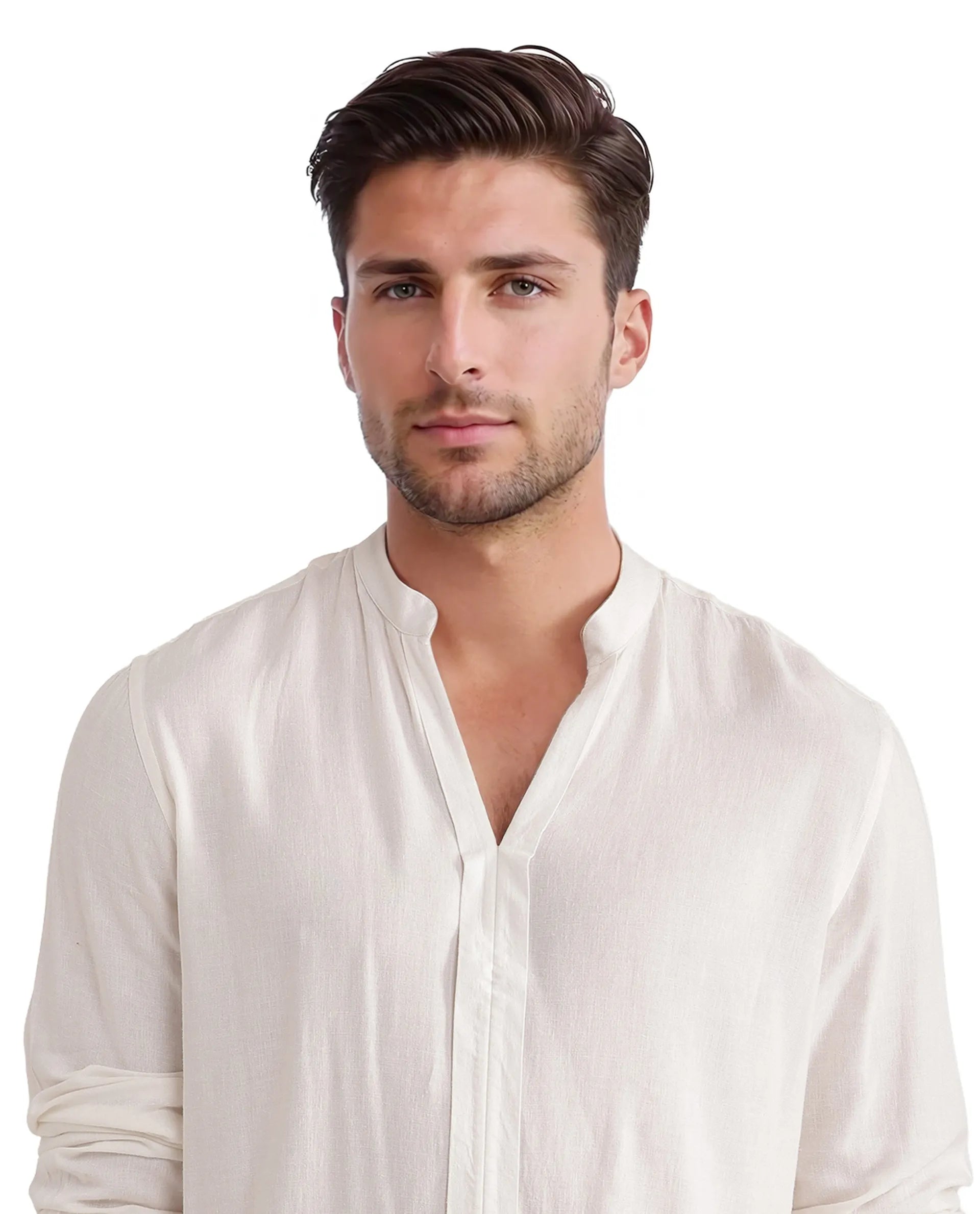 Rare Rabbit Men Kurt White Viscose Linen Fabric Full Sleeve Mandarin Collar Button Closure Plain Shirt