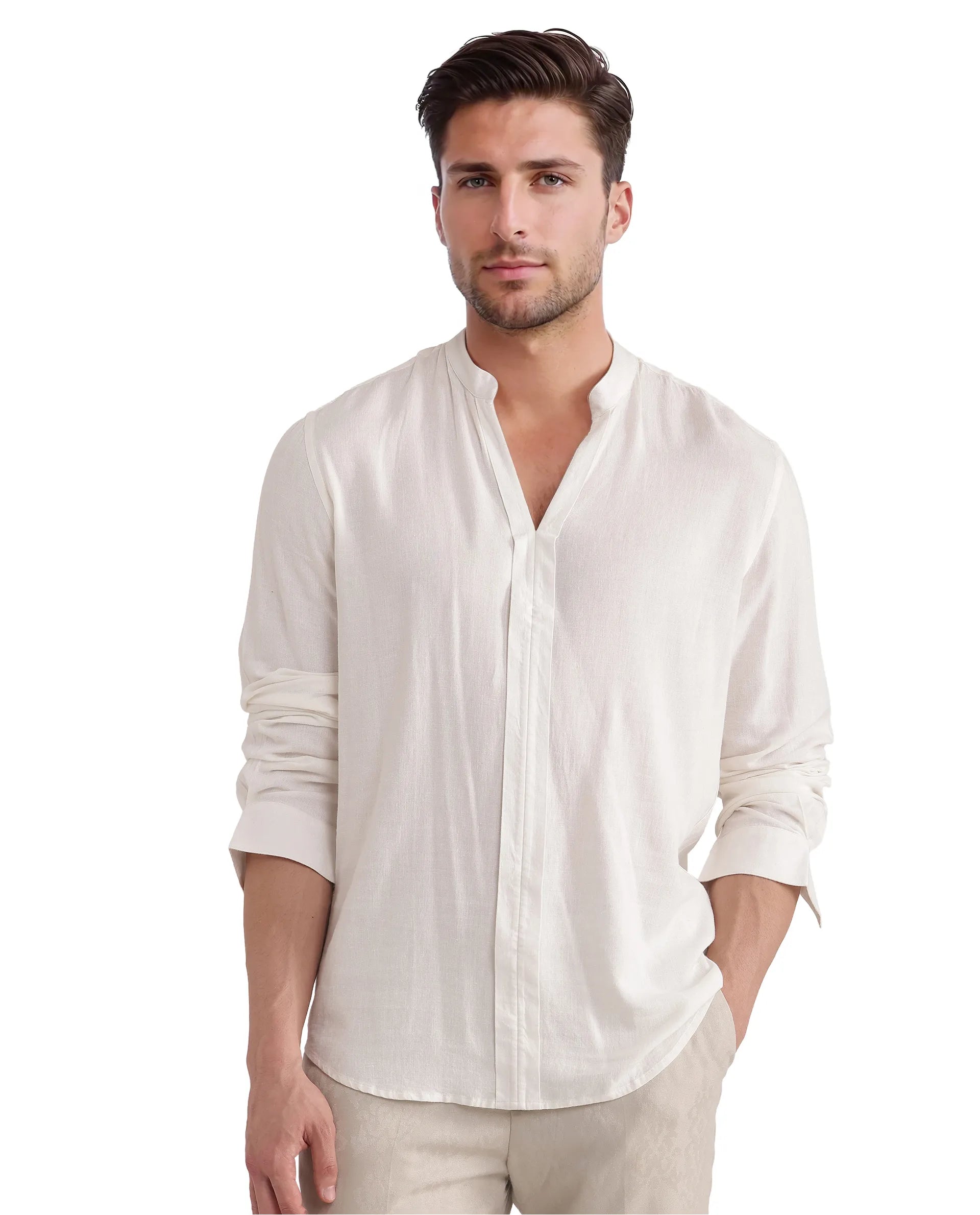 Rare Rabbit Men Kurt White Viscose Linen Fabric Full Sleeve Mandarin Collar Button Closure Plain Shirt