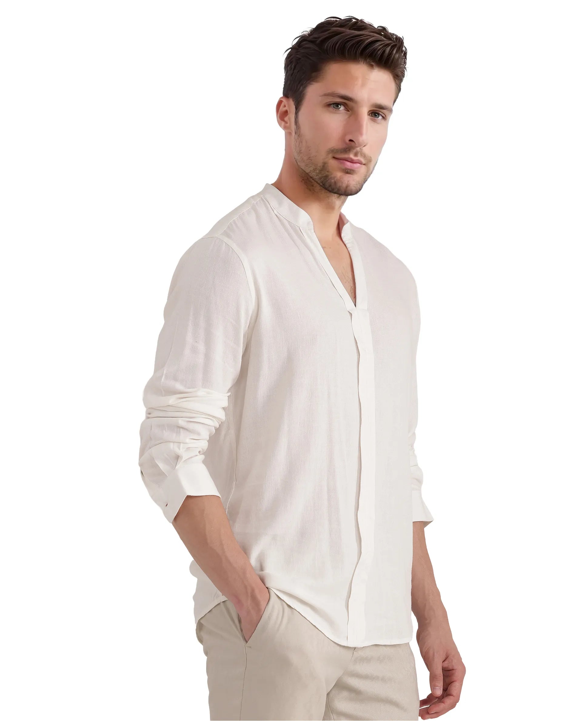 Rare Rabbit Men Kurt White Viscose Linen Fabric Full Sleeve Mandarin Collar Button Closure Plain Shirt