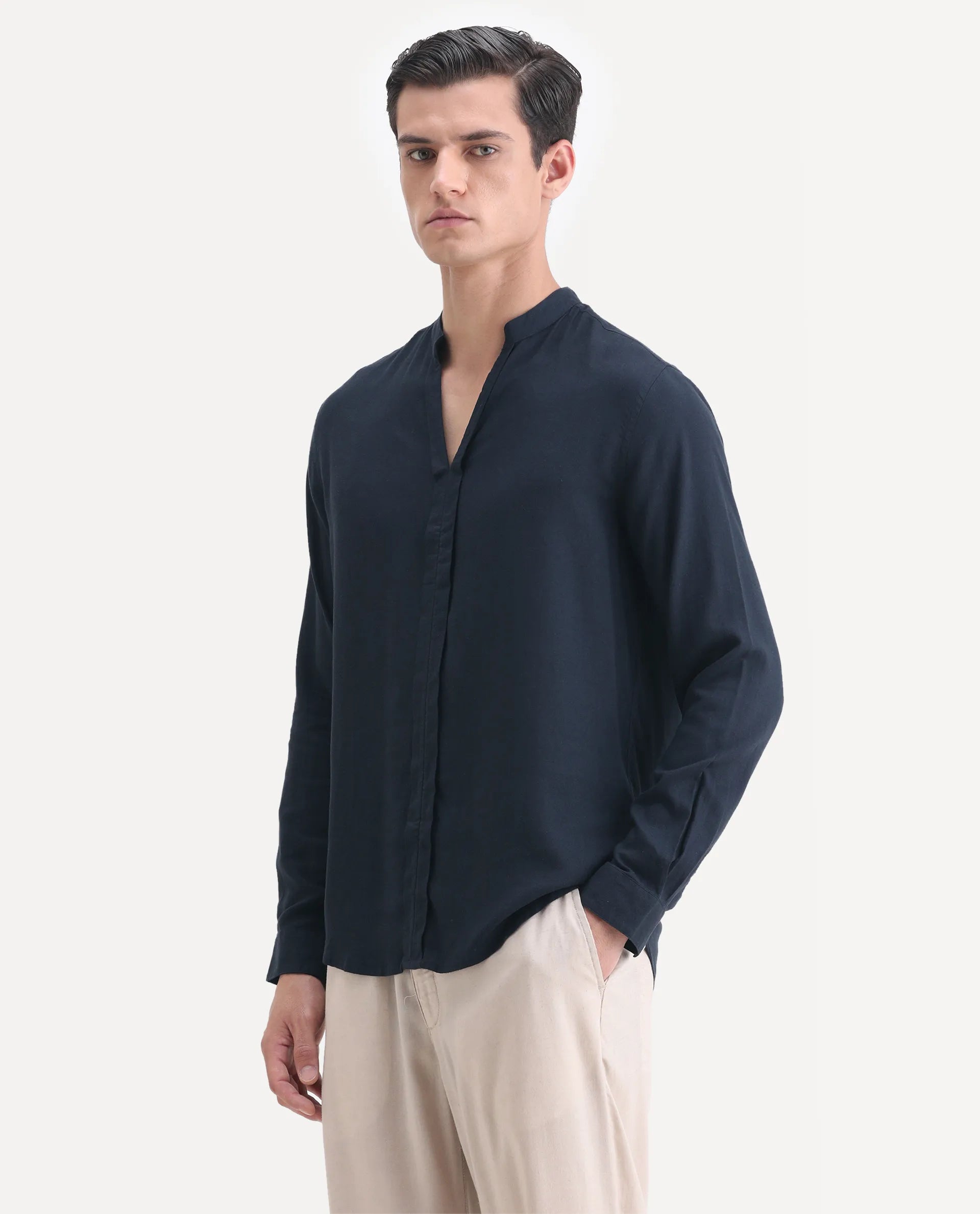 Rare Rabbit Men's Kurt Navy Linen Blend Plain Regular Fit Full Sleeve Mandarin Collar Shirt