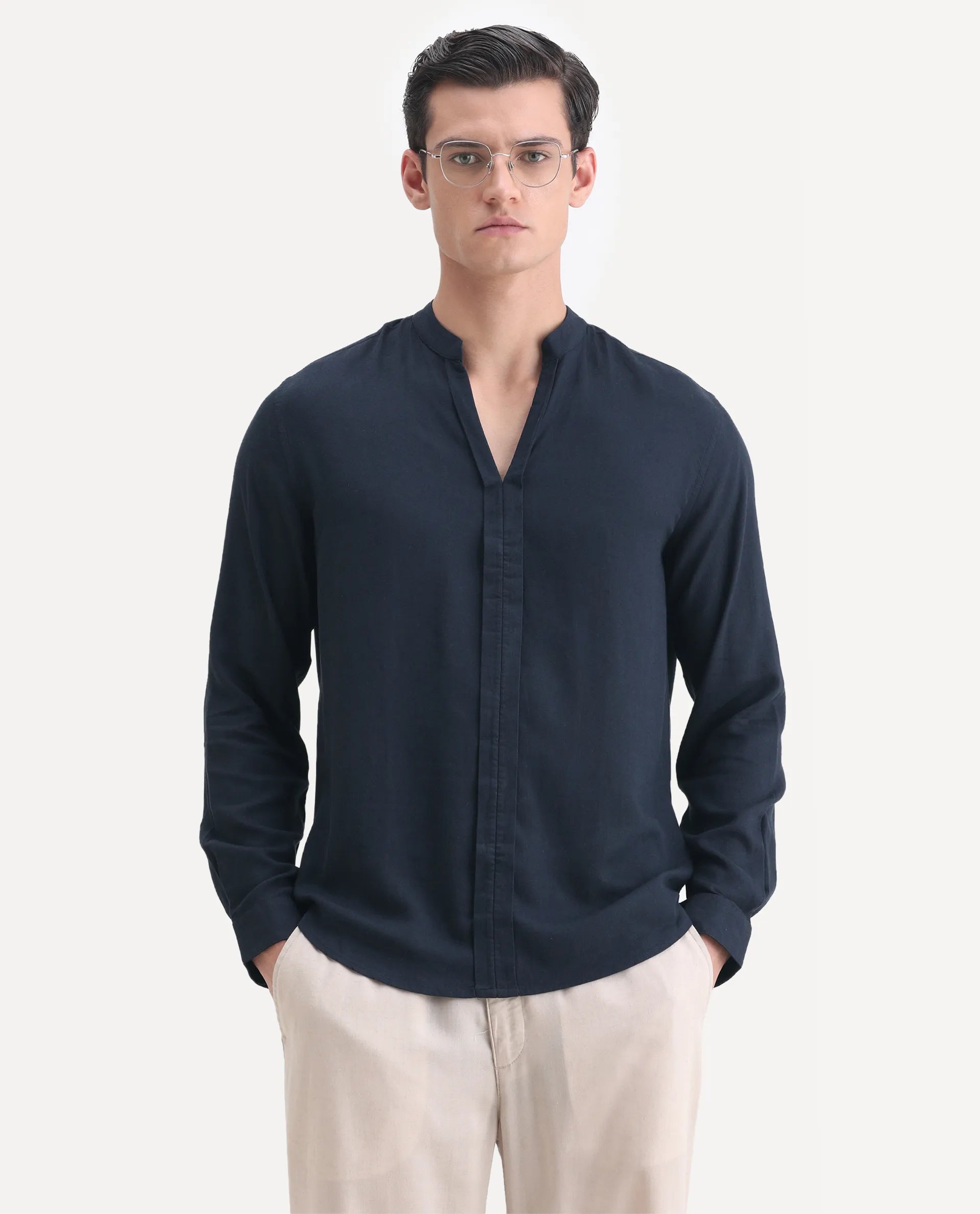 Rare Rabbit Men's Kurt Navy Linen Blend Plain Regular Fit Full Sleeve Mandarin Collar Shirt