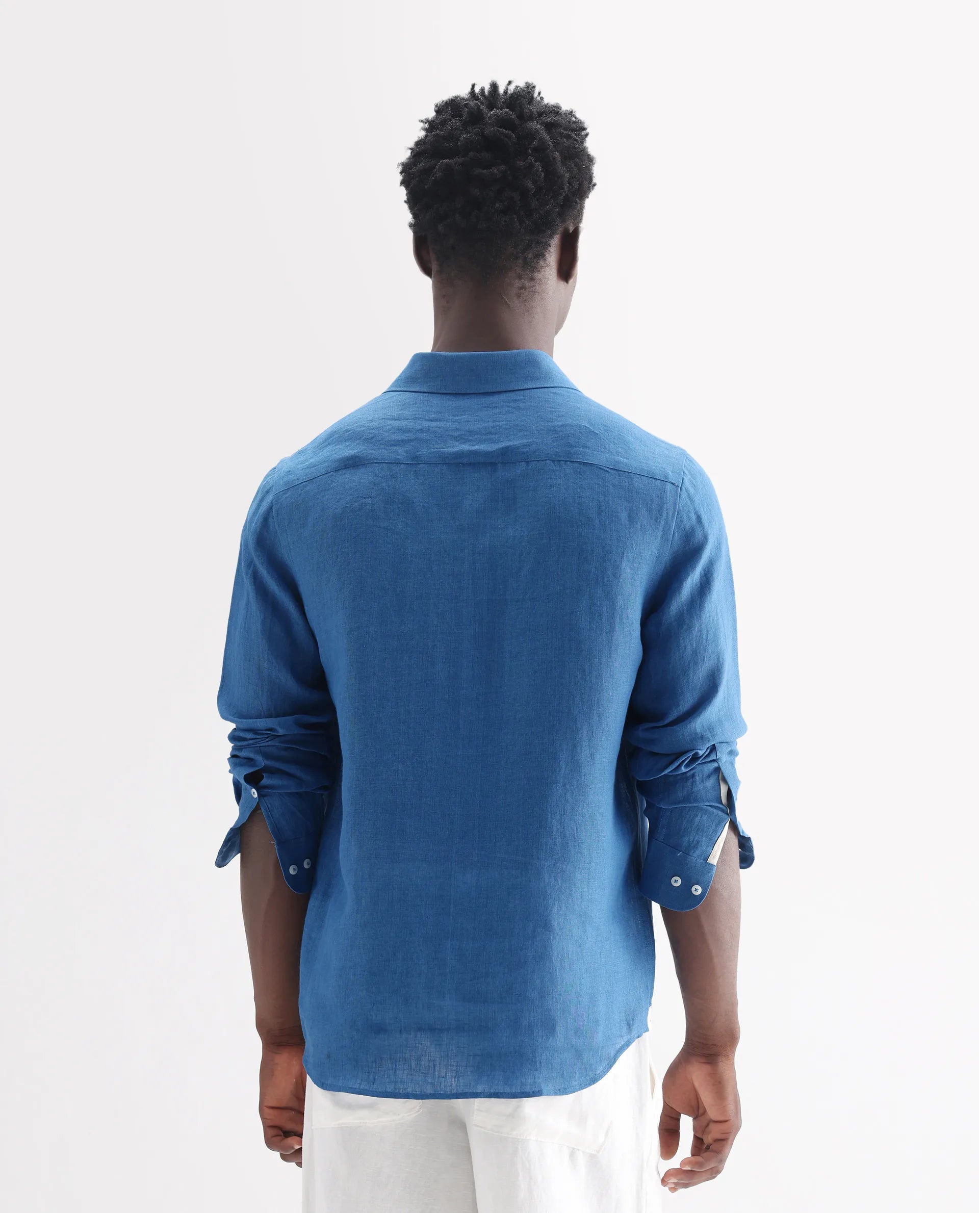 Rare Rabbit Men's Kurts Blue 100% Linen Plain Regular Fit Full Sleeve Collared Shirt