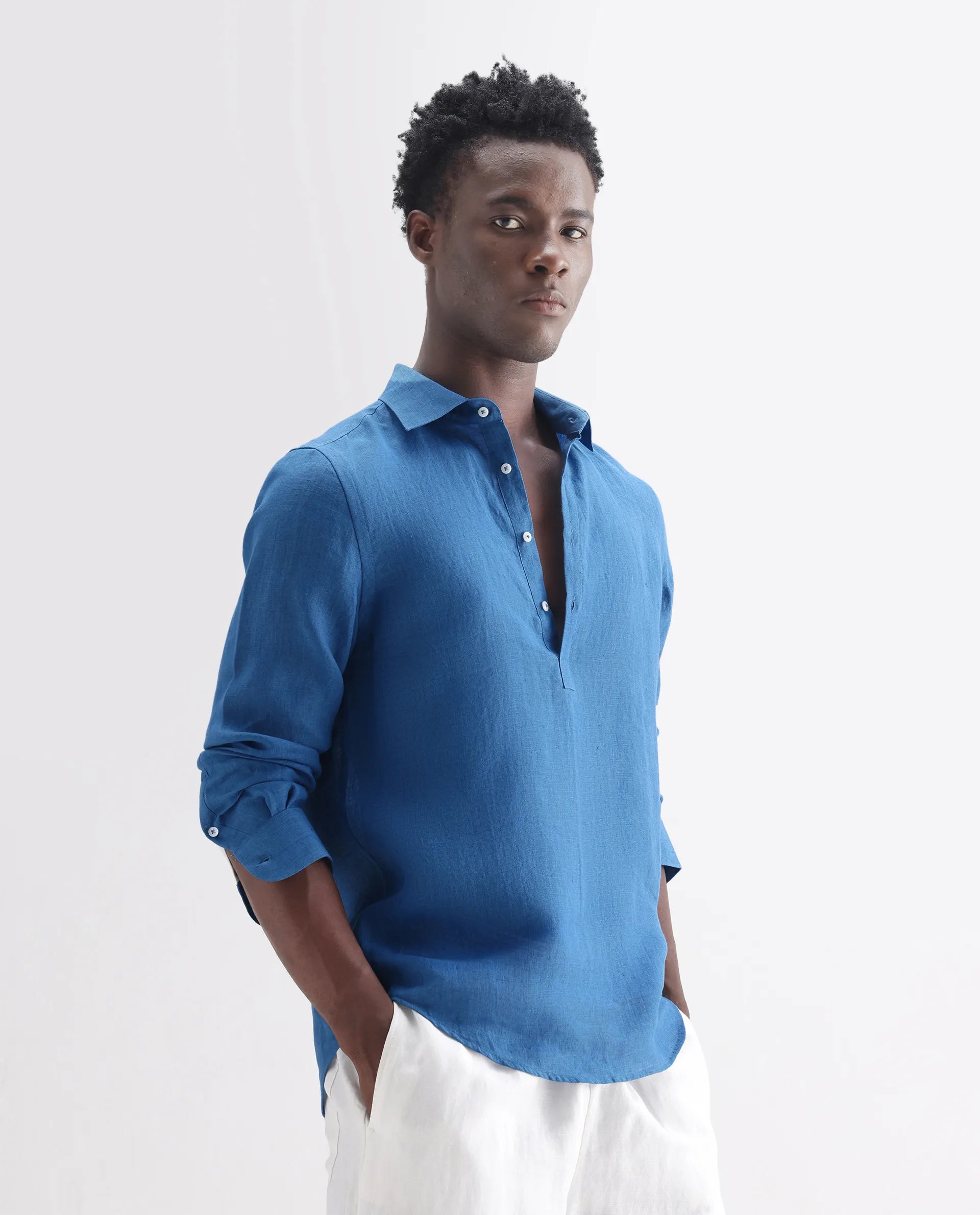 Rare Rabbit Men's Kurts Blue 100% Linen Plain Regular Fit Full Sleeve Collared Shirt