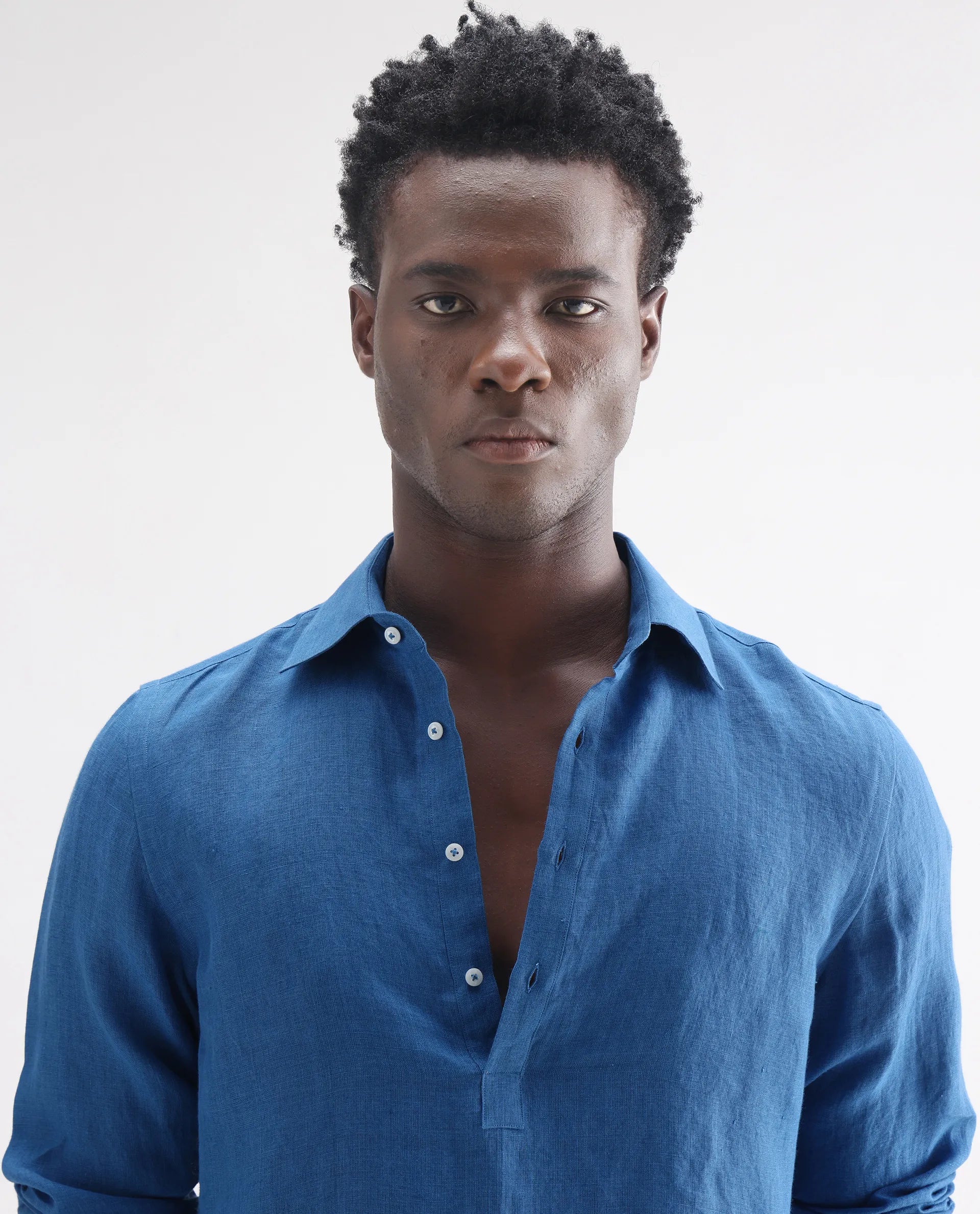 Rare Rabbit Men's Kurts Blue 100% Linen Plain Regular Fit Full Sleeve Collared Shirt