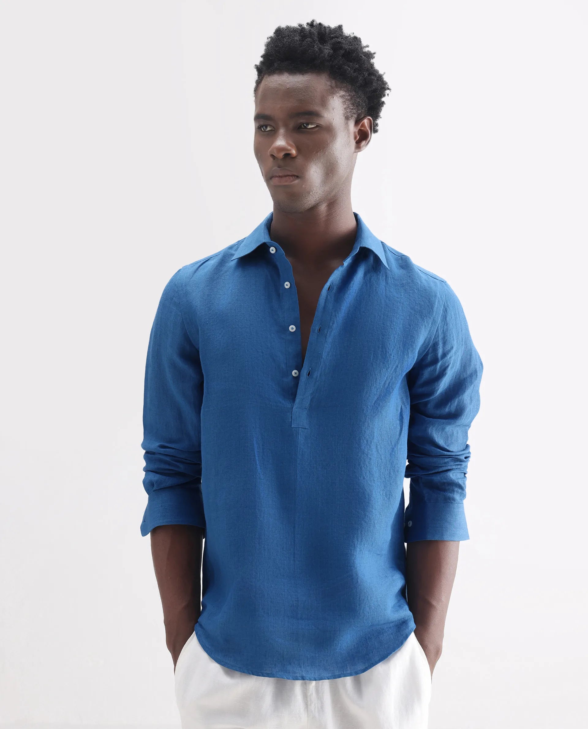 Rare Rabbit Men's Kurts Blue 100% Linen Plain Regular Fit Full Sleeve Collared Shirt