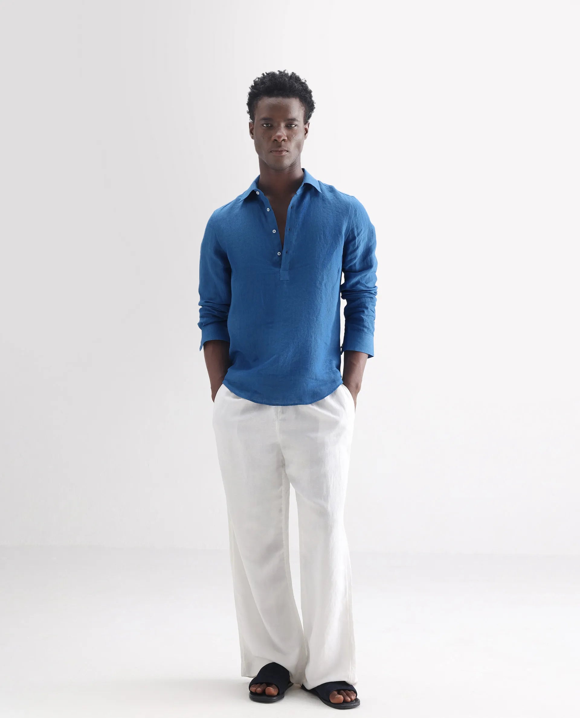 Rare Rabbit Men's Kurts Blue 100% Linen Plain Regular Fit Full Sleeve Collared Shirt