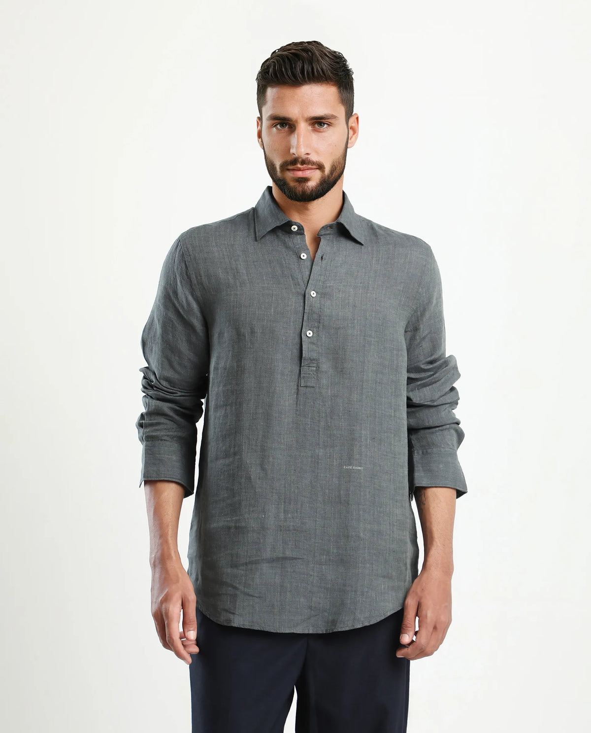 Rare Rabbit Men's Kurts Dark Grey Linen Plain Regular Fit Full Sleeve Collared Shirt