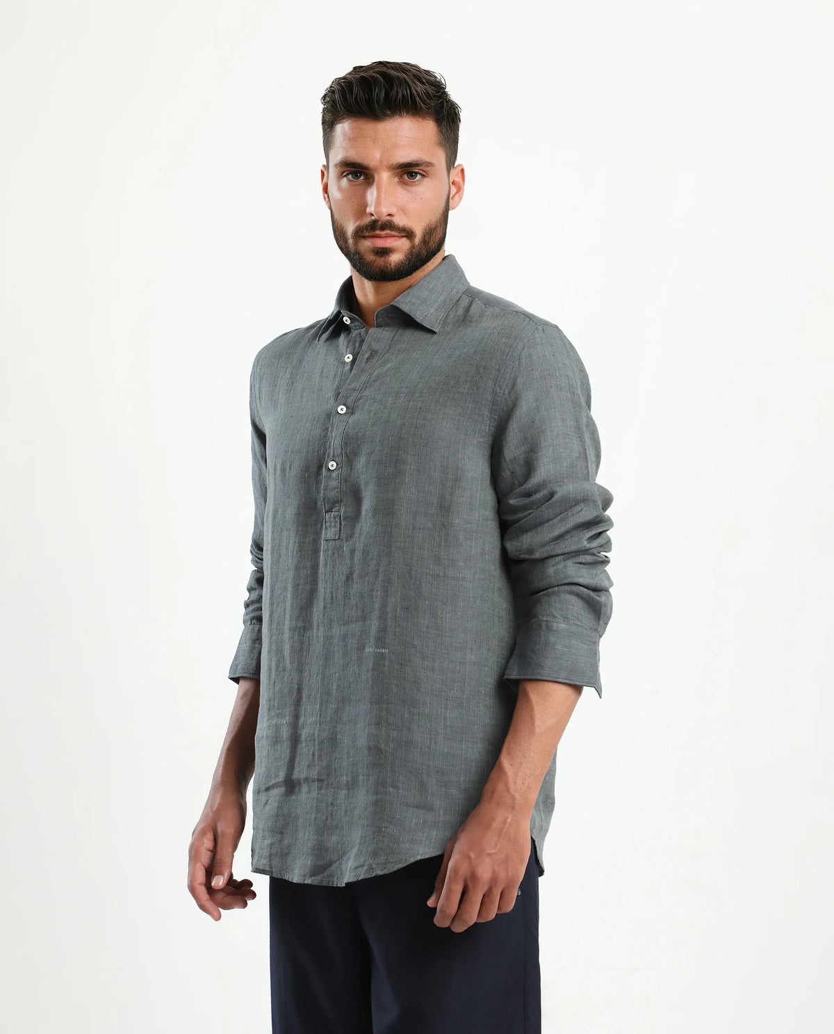 Rare Rabbit Men's Kurts Dark Grey Linen Plain Regular Fit Full Sleeve Collared Shirt