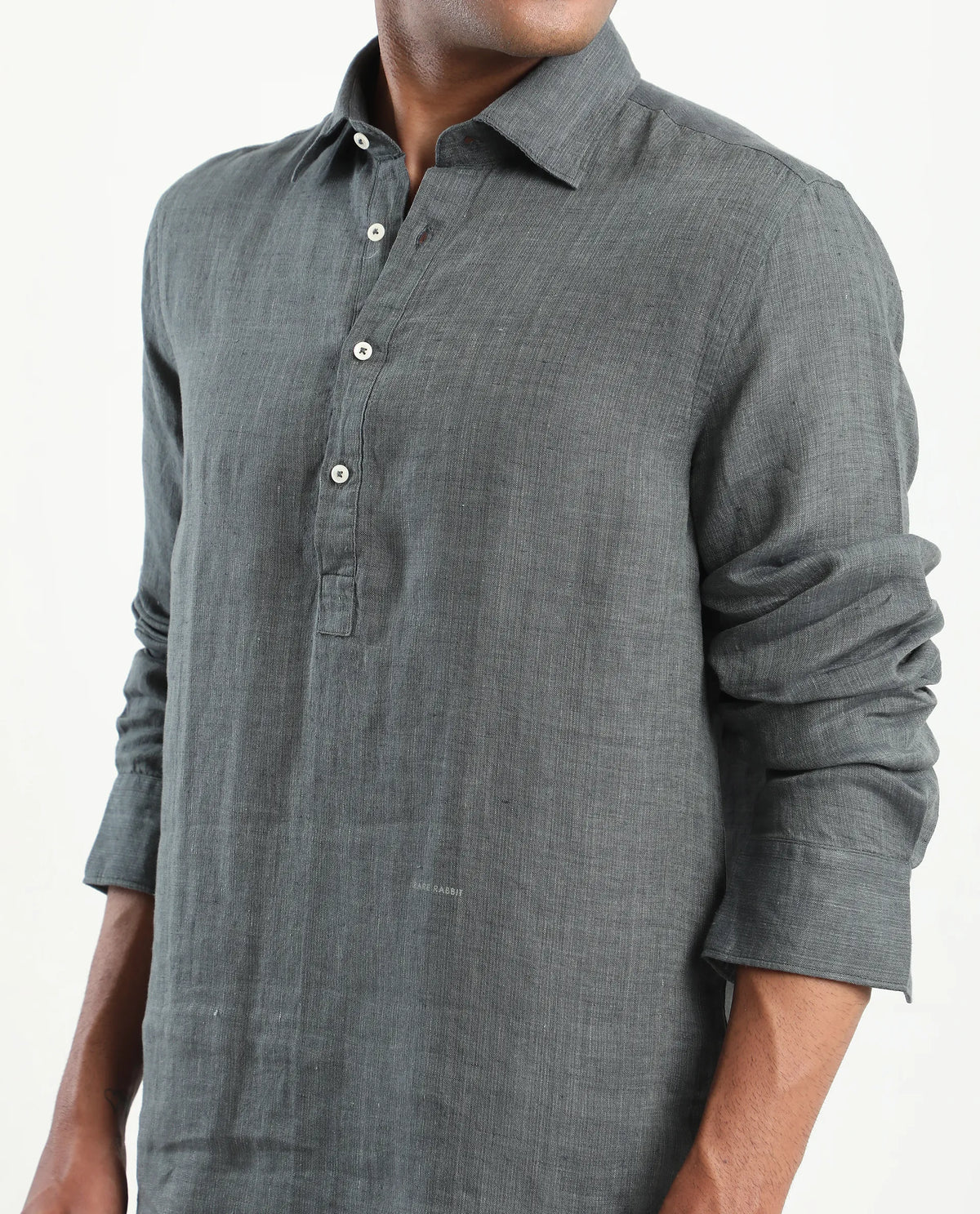 Rare Rabbit Men's Kurts Dark Grey Linen Plain Regular Fit Full Sleeve Collared Shirt