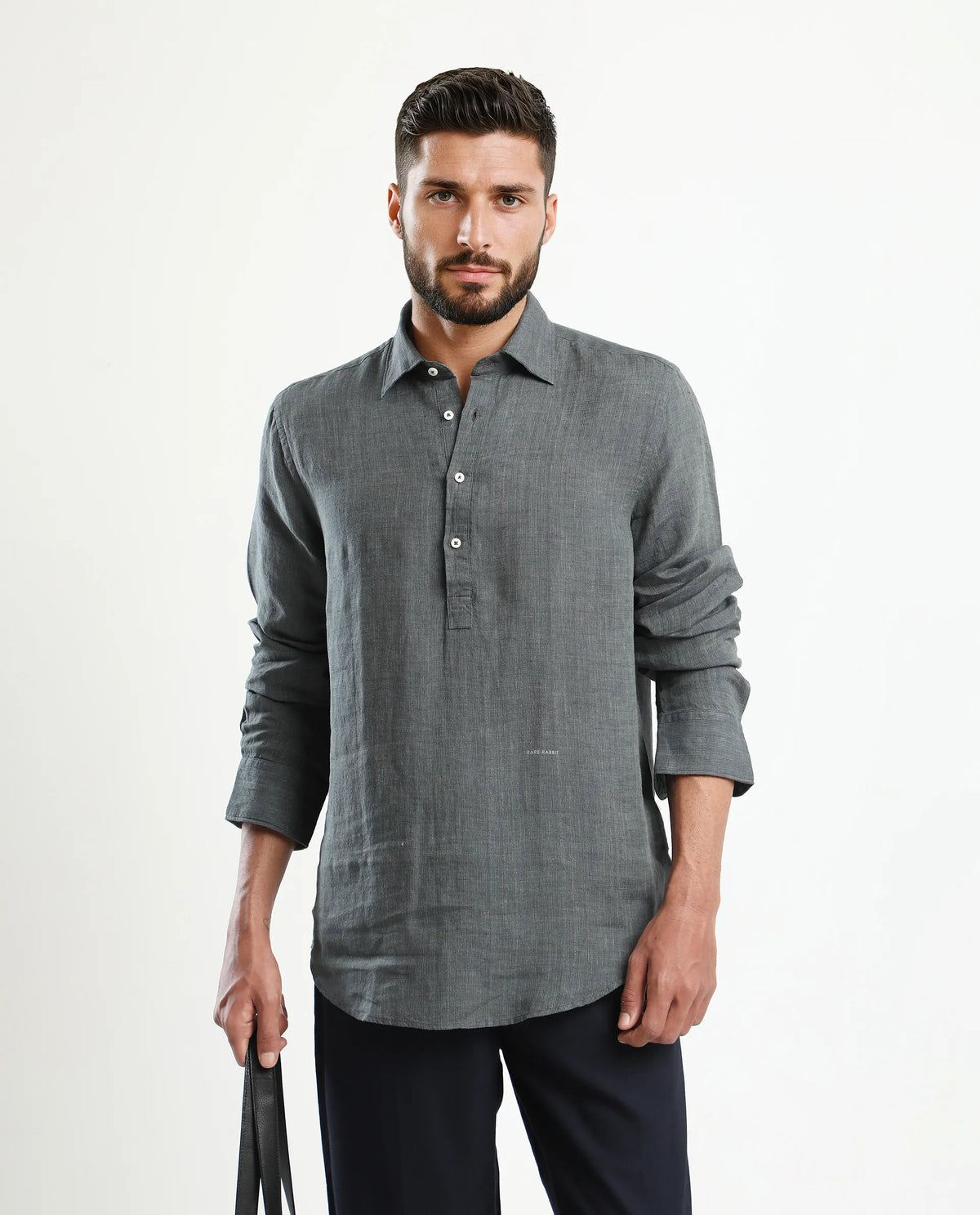 Rare Rabbit Men's Kurts Dark Grey Linen Plain Regular Fit Full Sleeve Collared Shirt