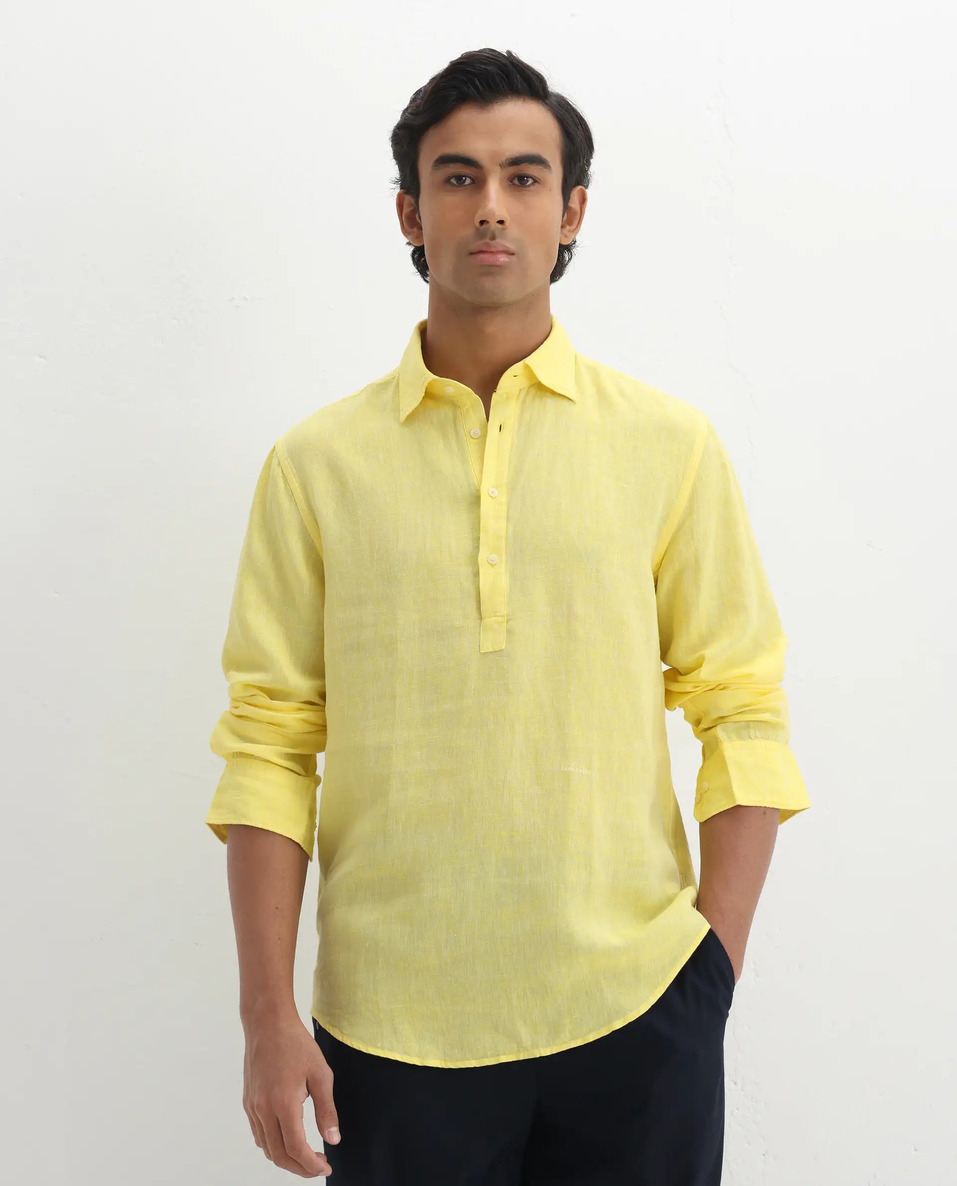 Rare Rabbit Men's Kurl Light Yellow 100% Linen Fabric Full Sleeves Collared Neck Button Closure Plain Shirt