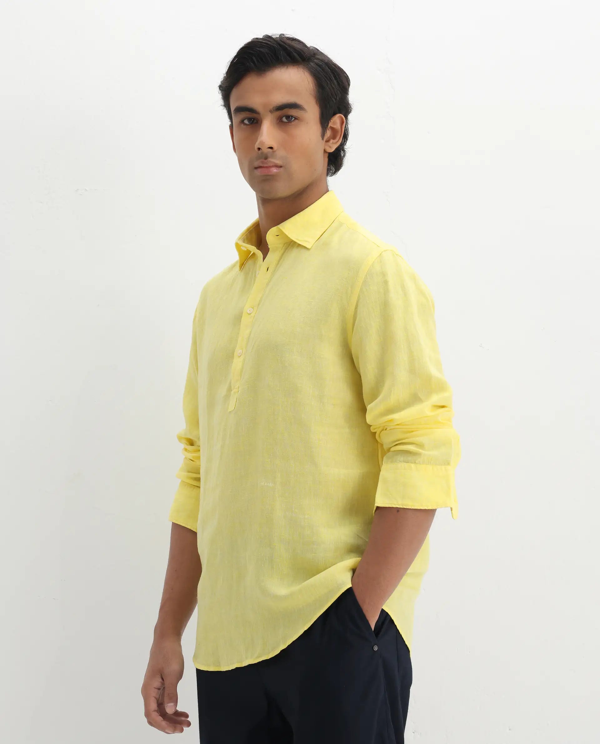 Rare Rabbit Men's Kurts Yellow Linen Plain Regular Fit Full Sleeve Collared Shirt