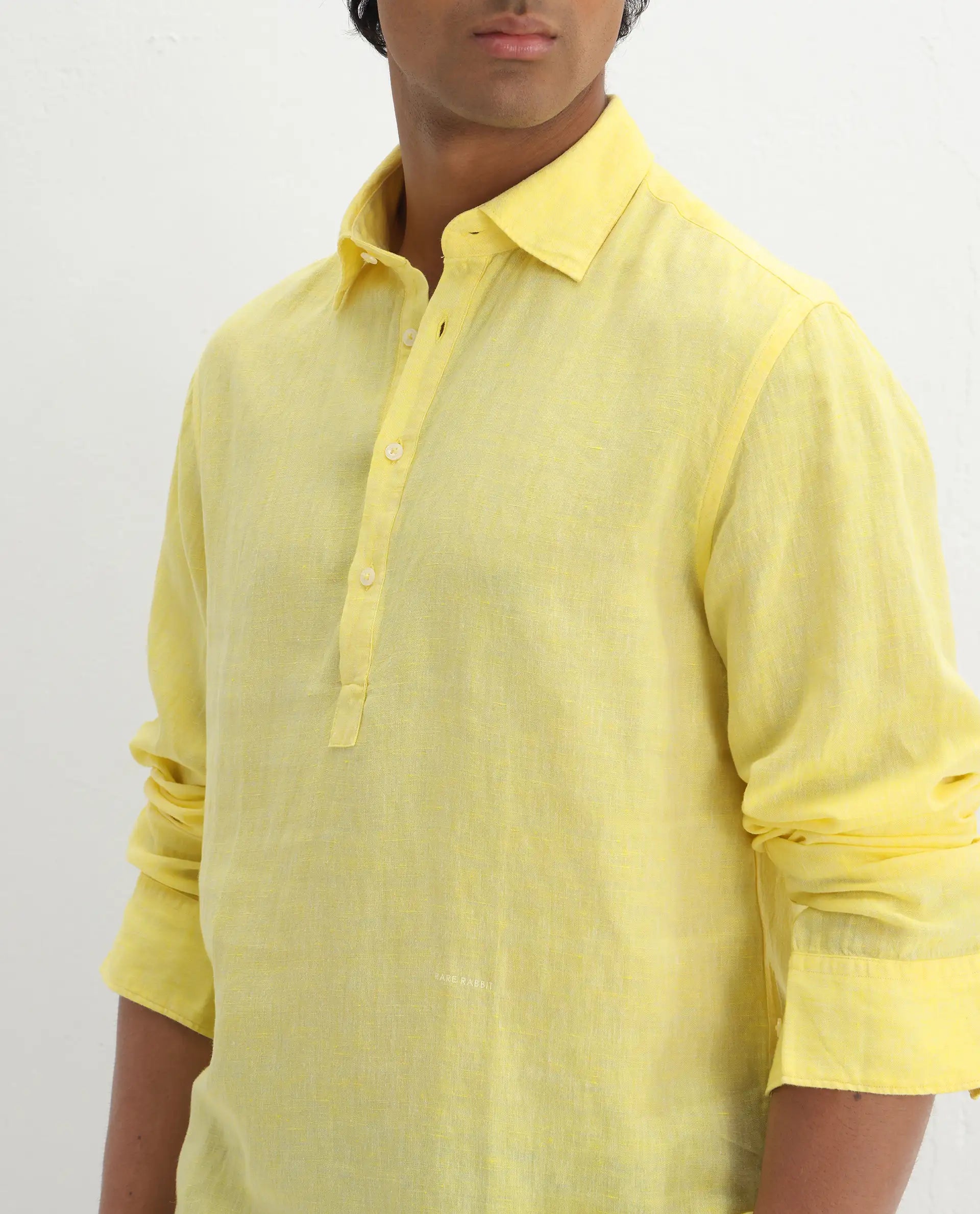 Rare Rabbit Men's Kurl Light Yellow 100% Linen Fabric Full Sleeves Collared Neck Button Closure Plain Shirt