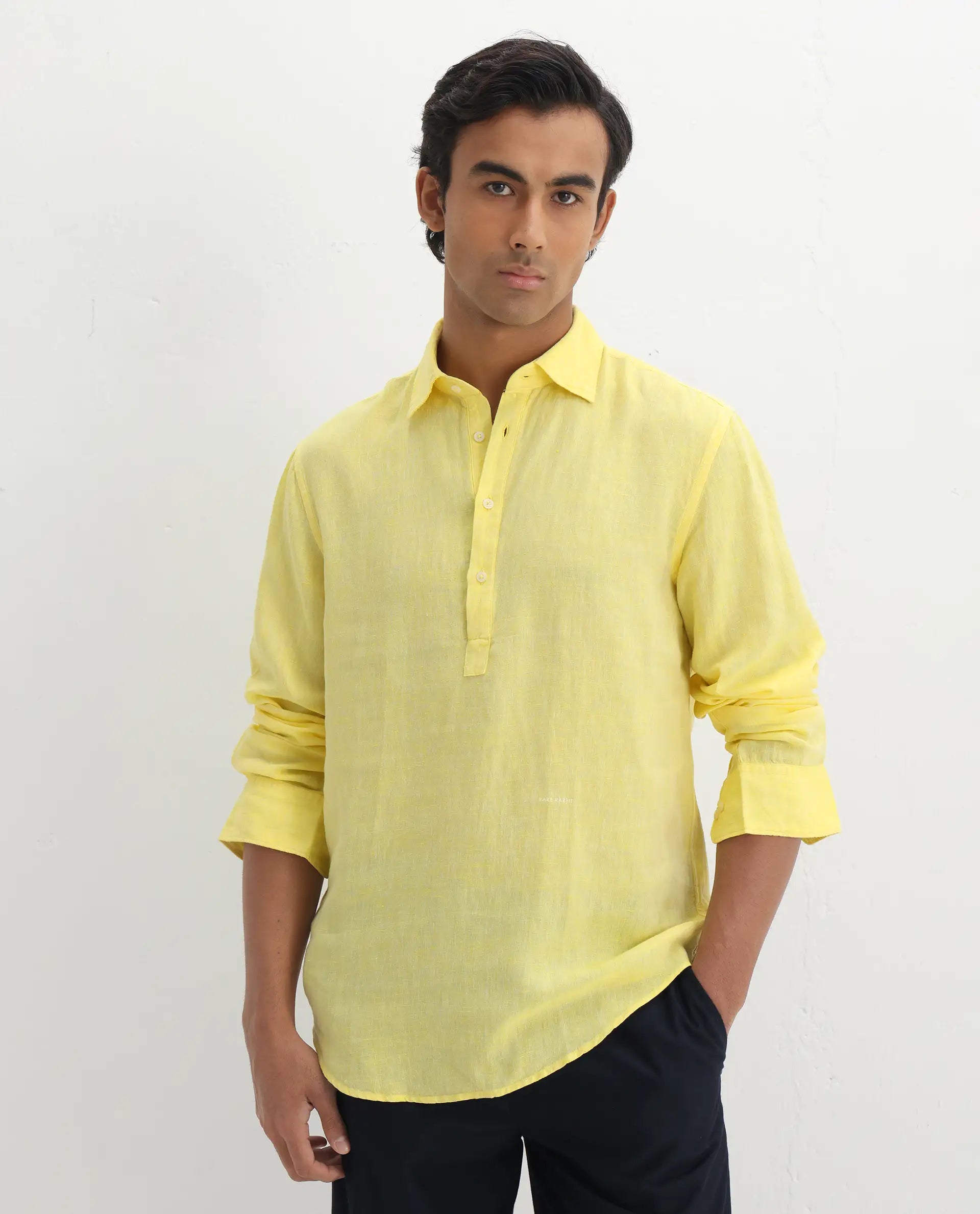 Rare Rabbit Men's Kurl Light Yellow 100% Linen Fabric Full Sleeves Collared Neck Button Closure Plain Shirt
